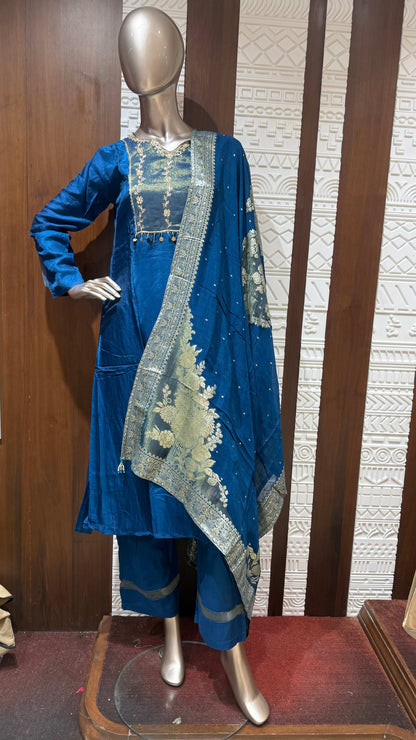 Royal Blue Embroidered Slick Tissue Sharara Set – Sheetal Collection