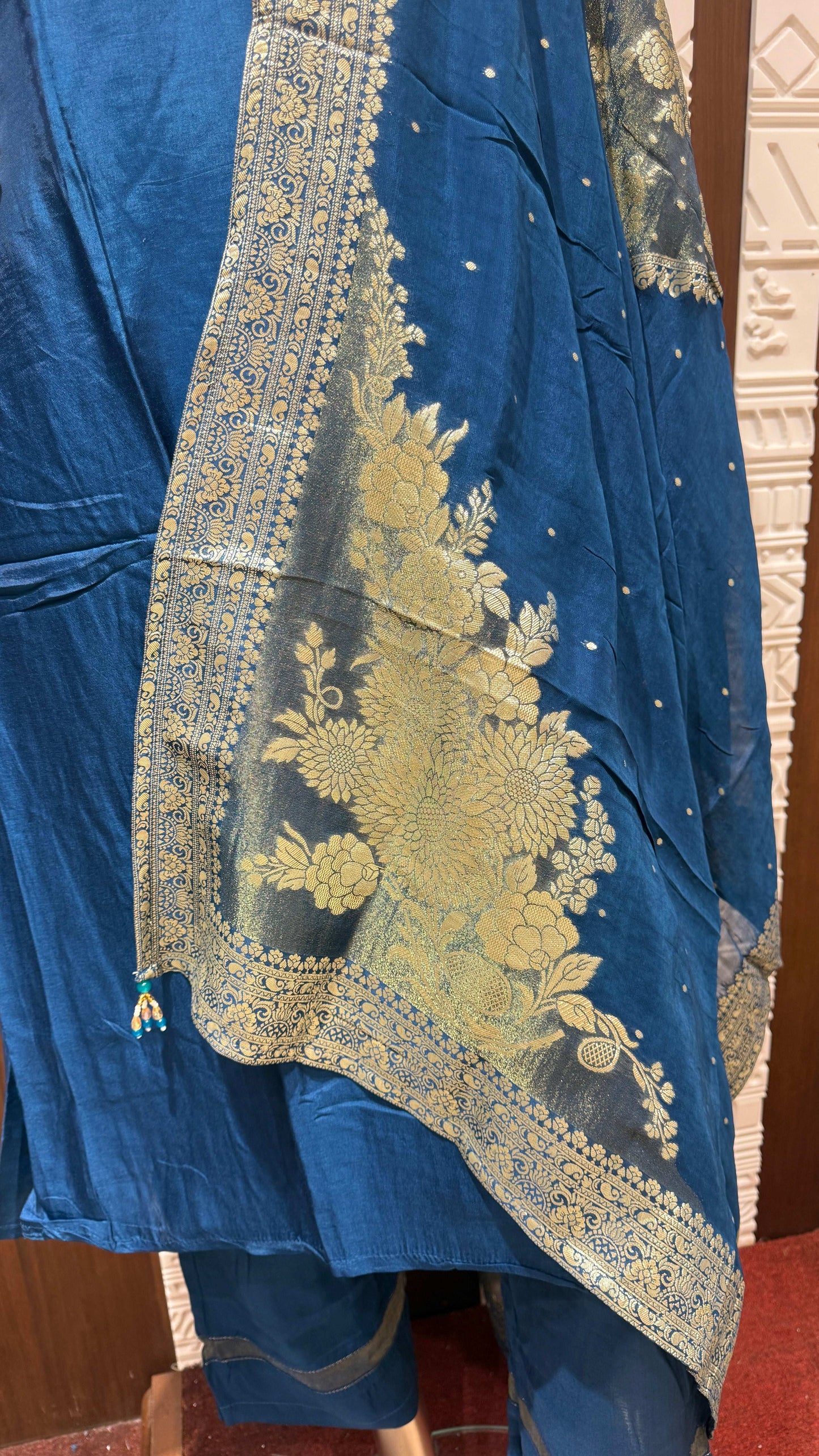 Royal Blue Embroidered Slick Tissue Sharara Set – Sheetal Collection