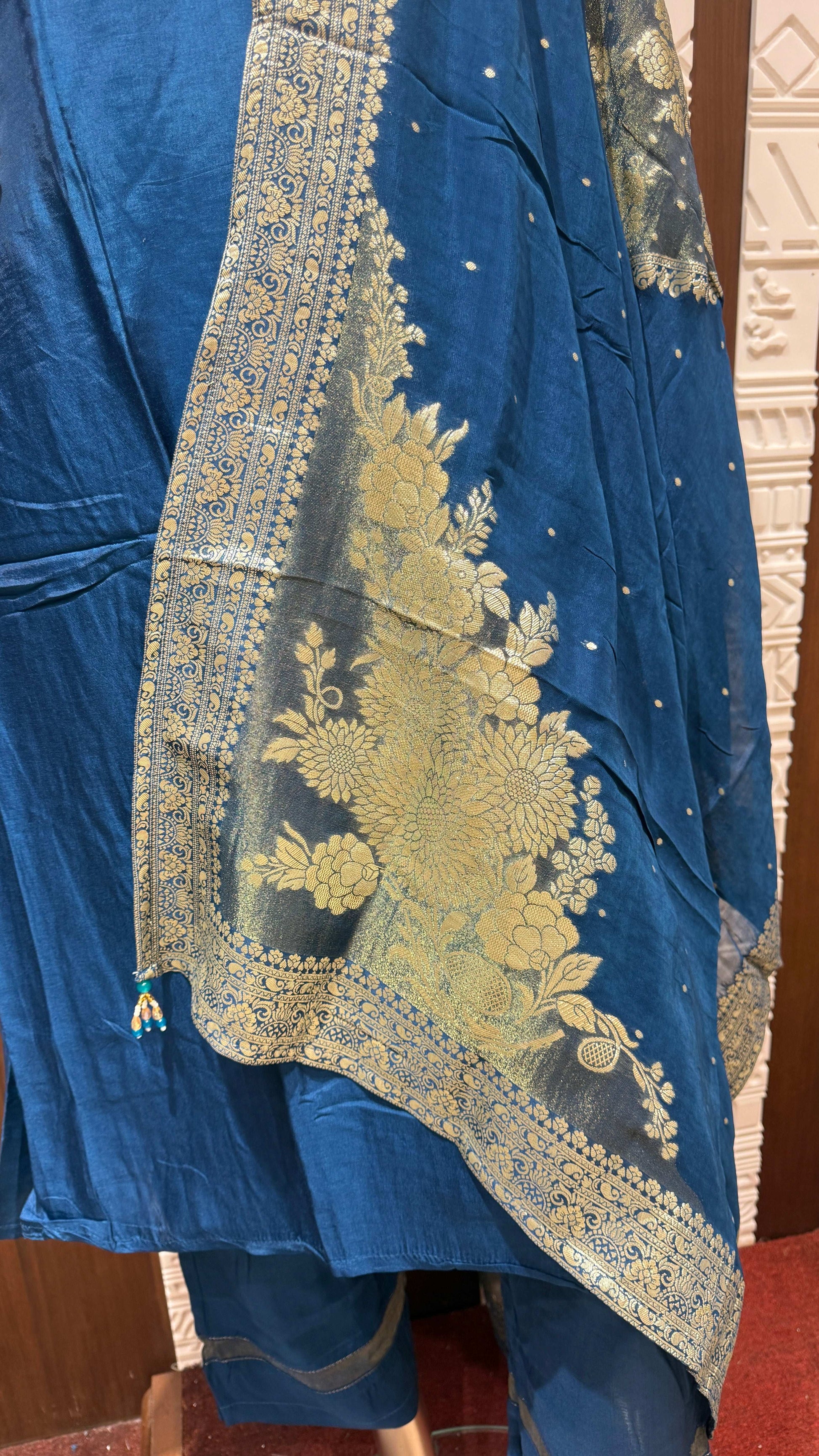 Royal Blue Embroidered Slick Tissue Sharara Set – Sheetal Collection