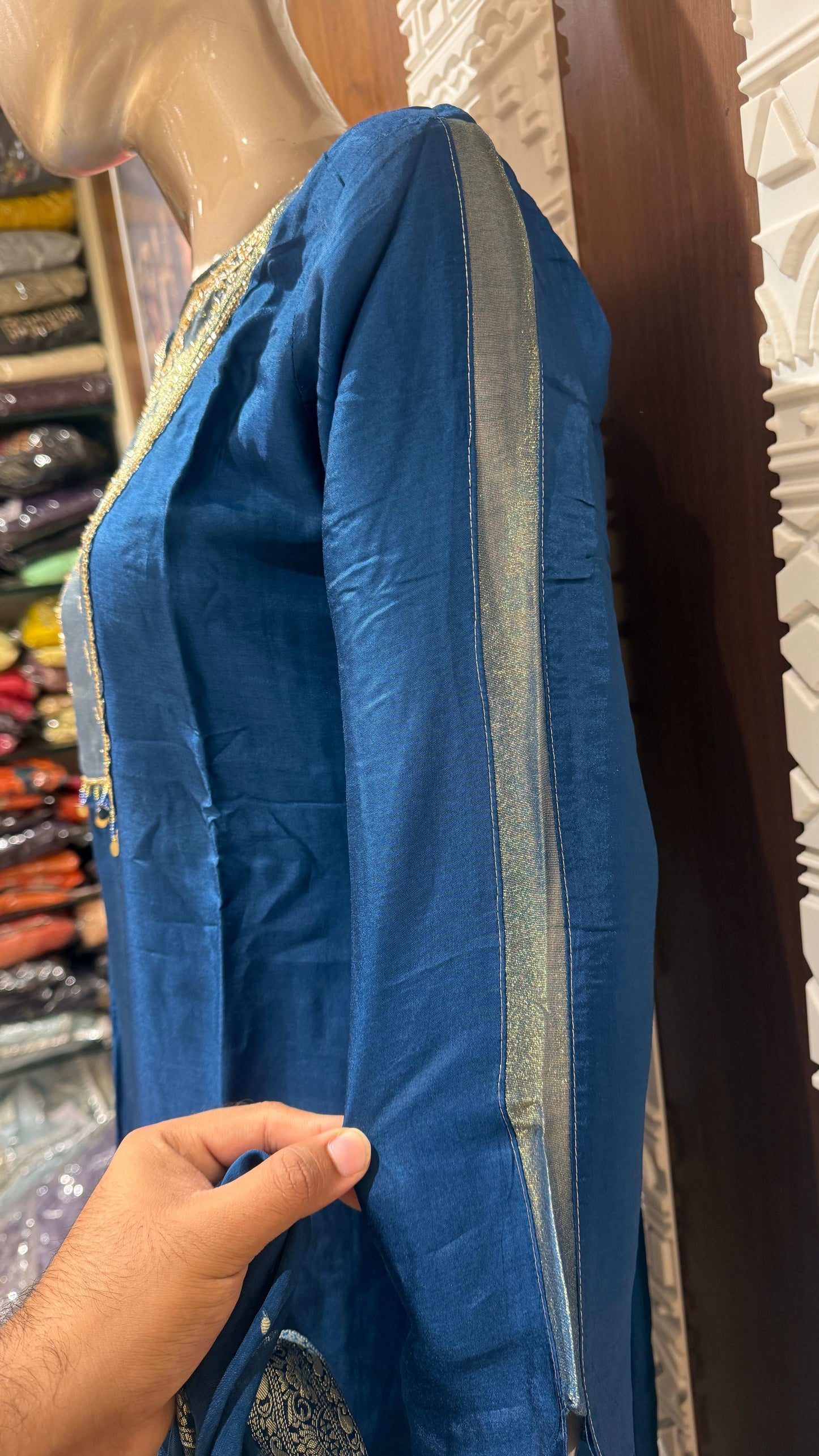 Royal Blue Embroidered Slick Tissue Sharara Set – Sheetal Collection