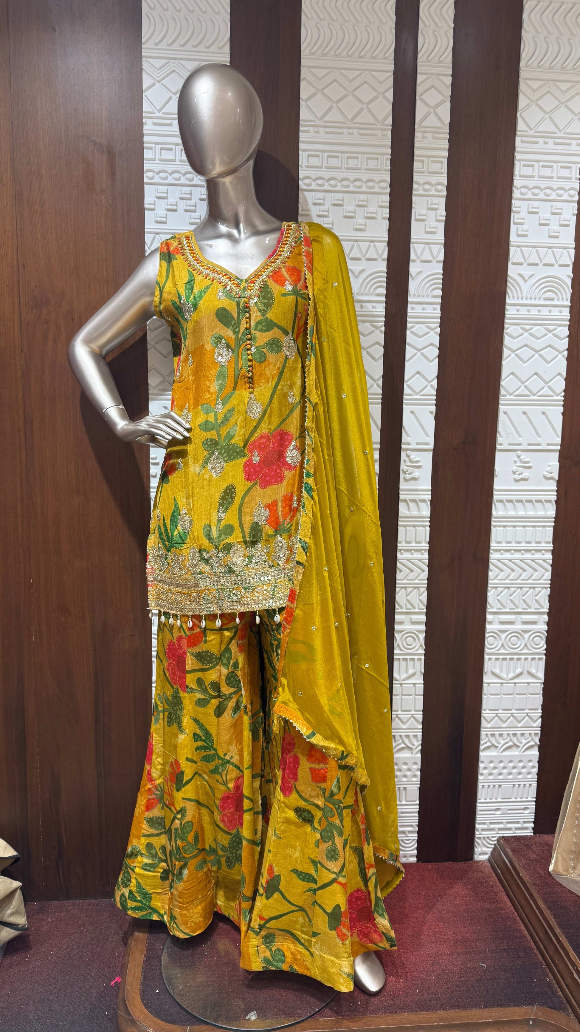 Yellow Floral Printed Chinon Sharara Set – Sheetal Collection