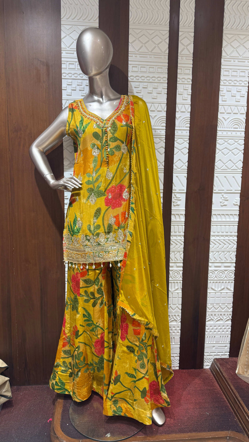 Yellow Floral Printed Chinon Sharara Set – Sheetal Collection
