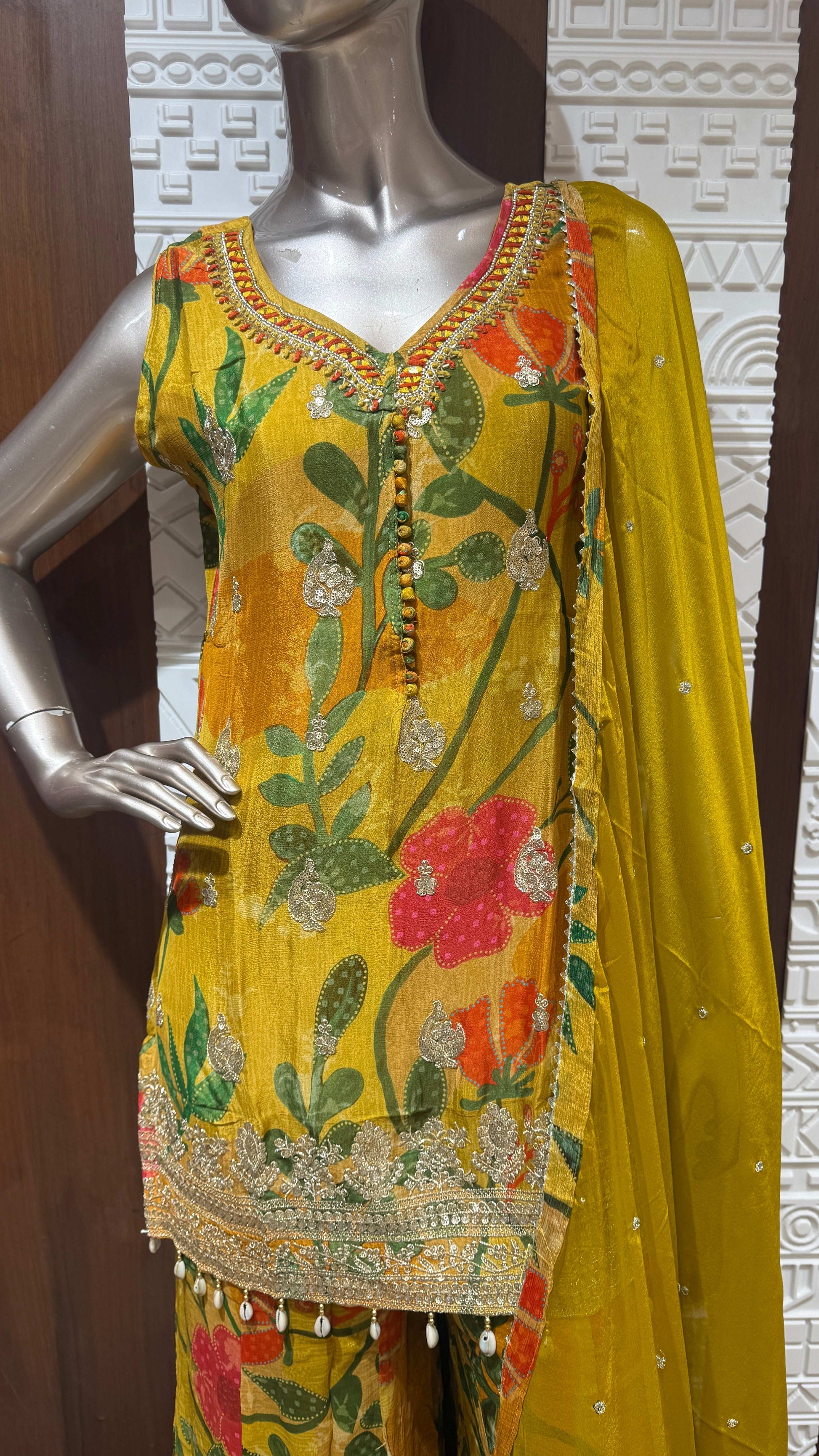 Yellow Floral Printed Chinon Sharara Set – Sheetal Collection