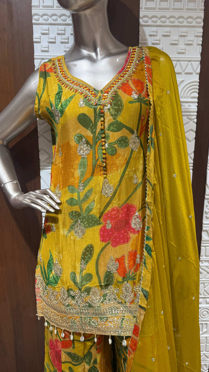 Yellow Floral Printed Chinon Sharara Set – Sheetal Collection