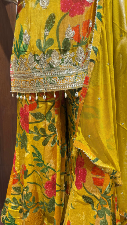 Yellow Floral Printed Chinon Sharara Set – Sheetal Collection
