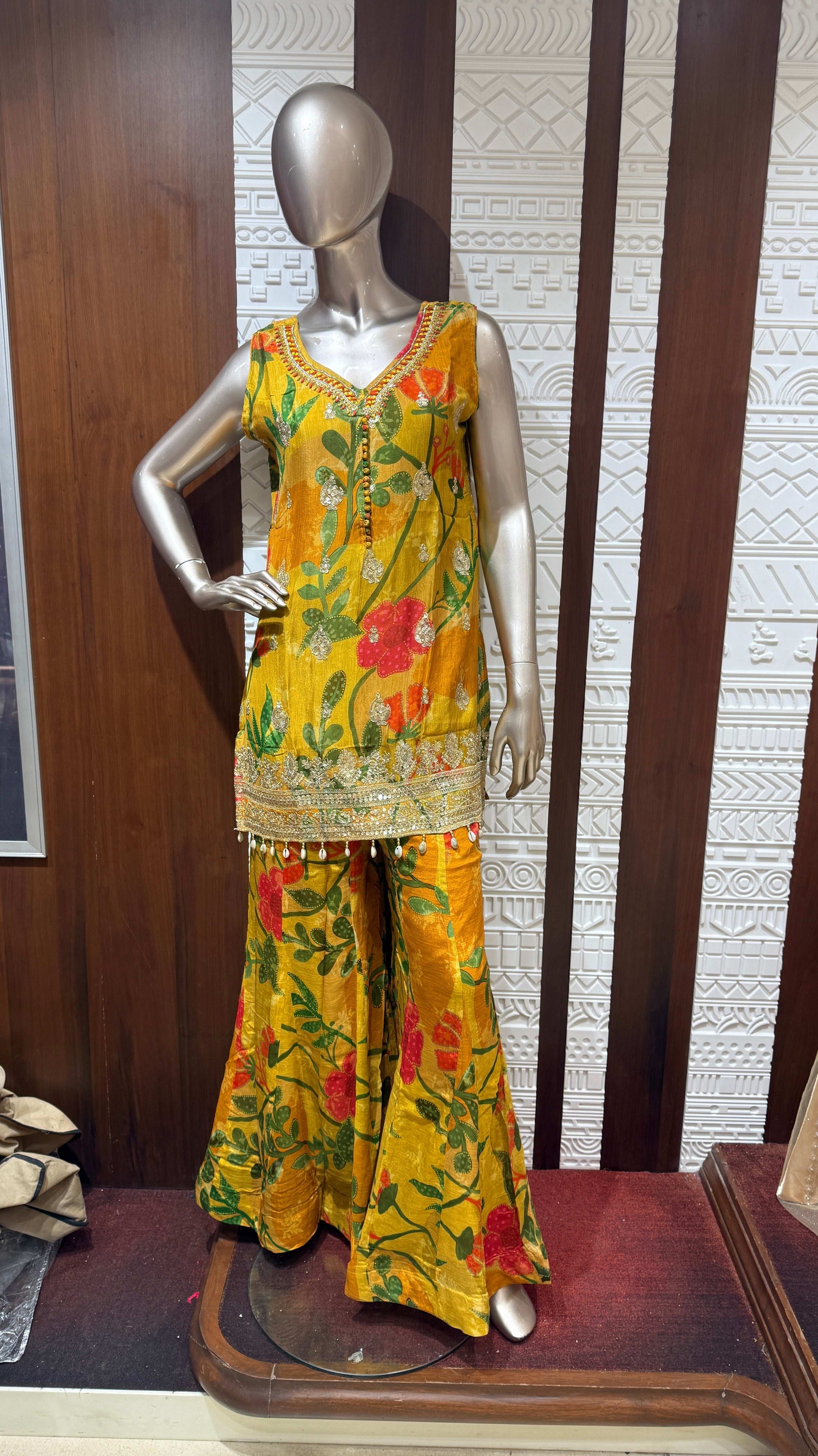 Yellow Floral Printed Chinon Sharara Set – Sheetal Collection