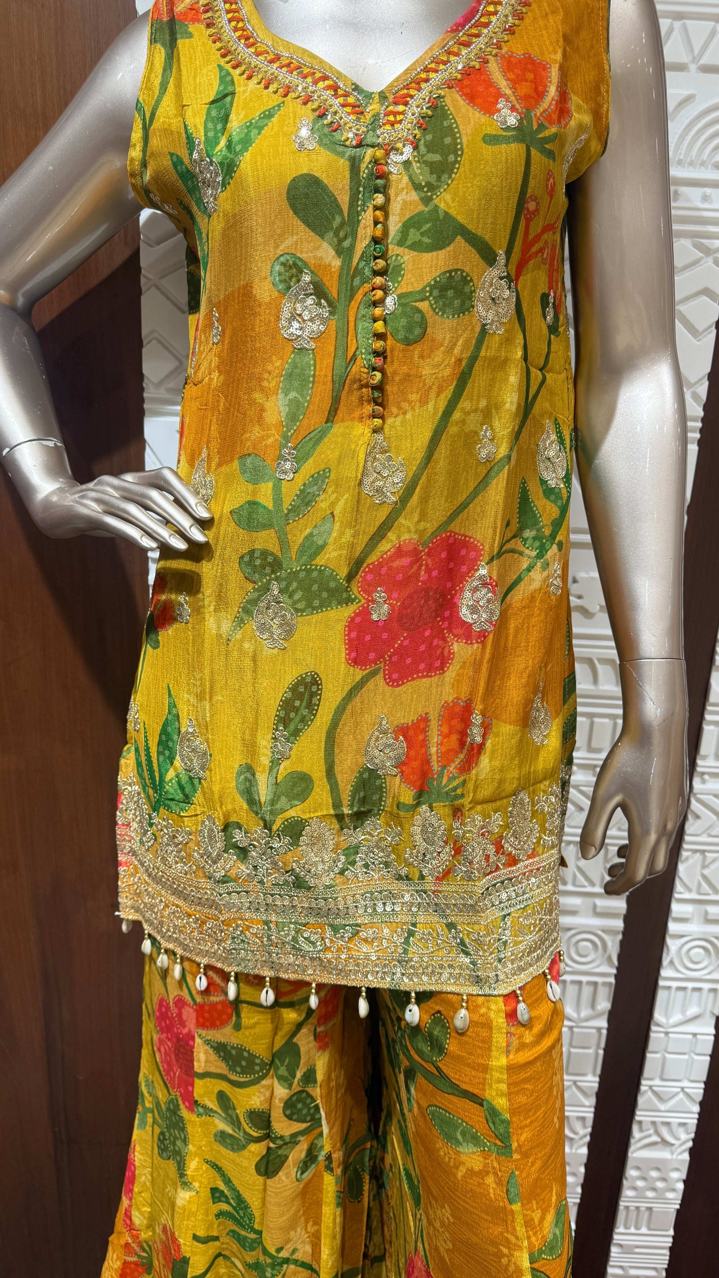 Yellow Floral Printed Chinon Sharara Set – Sheetal Collection
