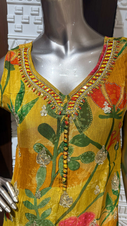 Yellow Floral Printed Chinon Sharara Set – Sheetal Collection