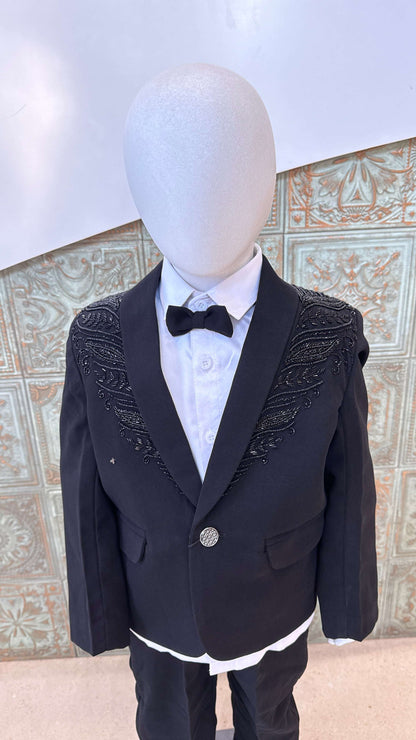 Black Embroidered Tuxedo Blazer for Boys