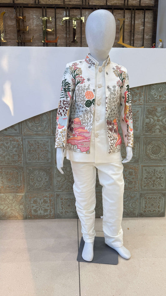 White Embroidered Indo-Western Jacket for Boys