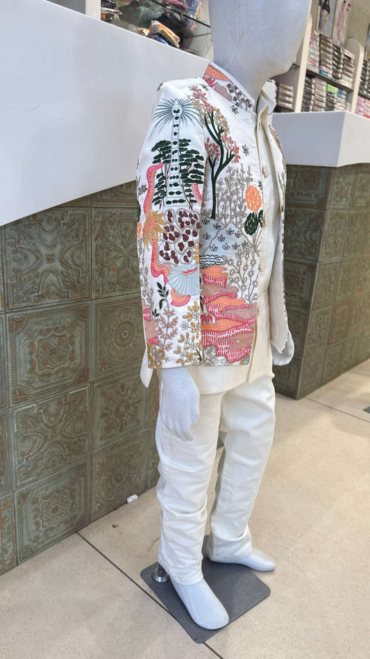 White Embroidered Indo-Western Jacket for Boys