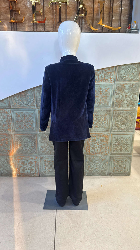 Navy Blue Velvet Embroidered Indo-Western Jacket for Boys