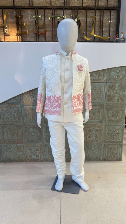White Embroidered Indo-Western Jacket with Pink Border for Boys