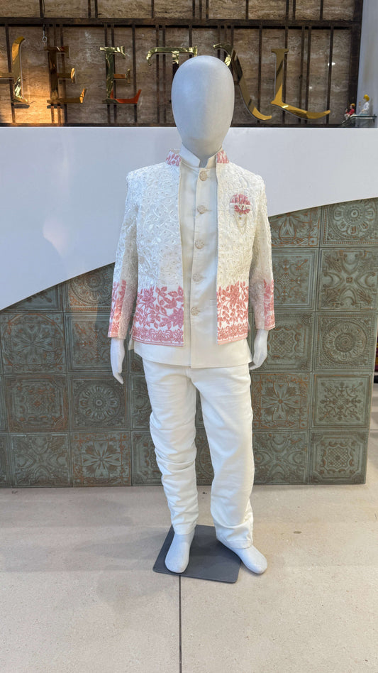 White Embroidered Indo-Western Jacket with Pink Border for Boys