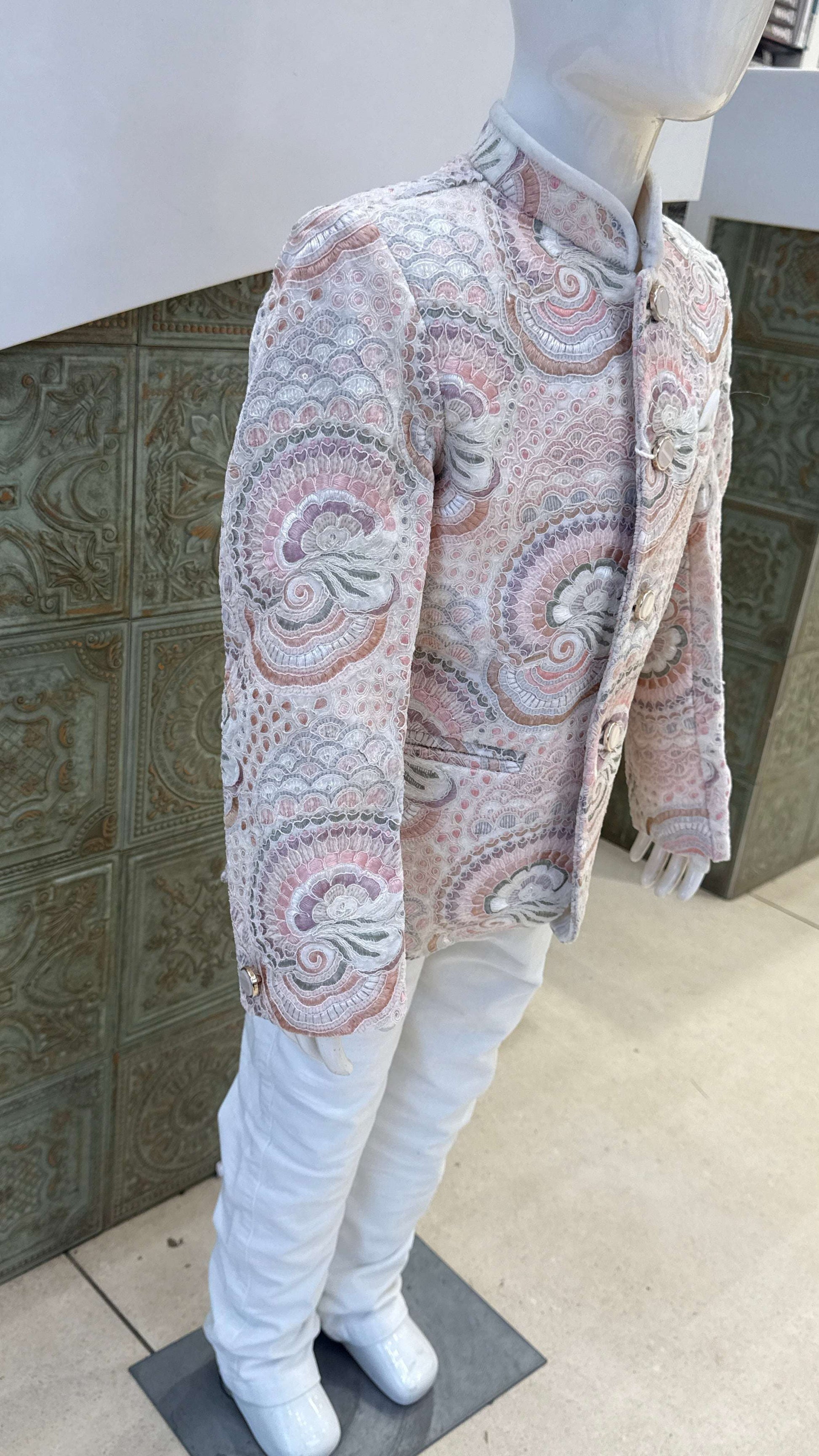 White Embroidered Indo-Western Jacket with Pink Border for Boys