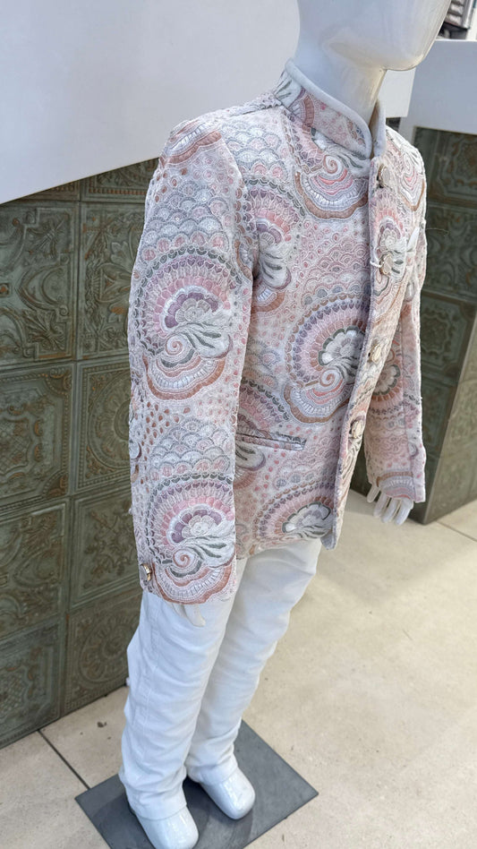 White Embroidered Indo-Western Jacket with Pink Border for Boys