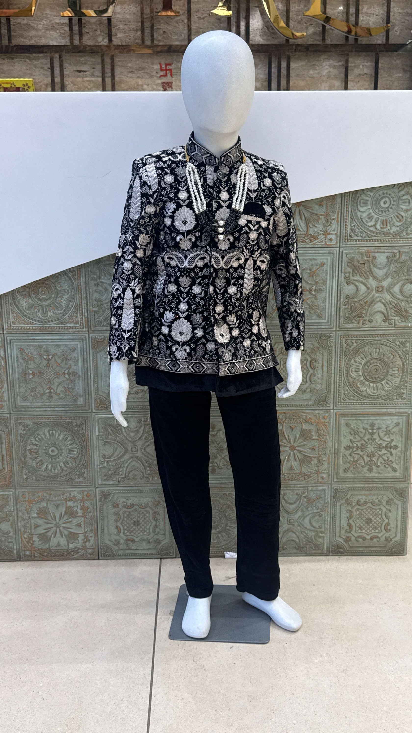 Black and Silver Embroidered Indo-Western Jacket with Pearls for Boys