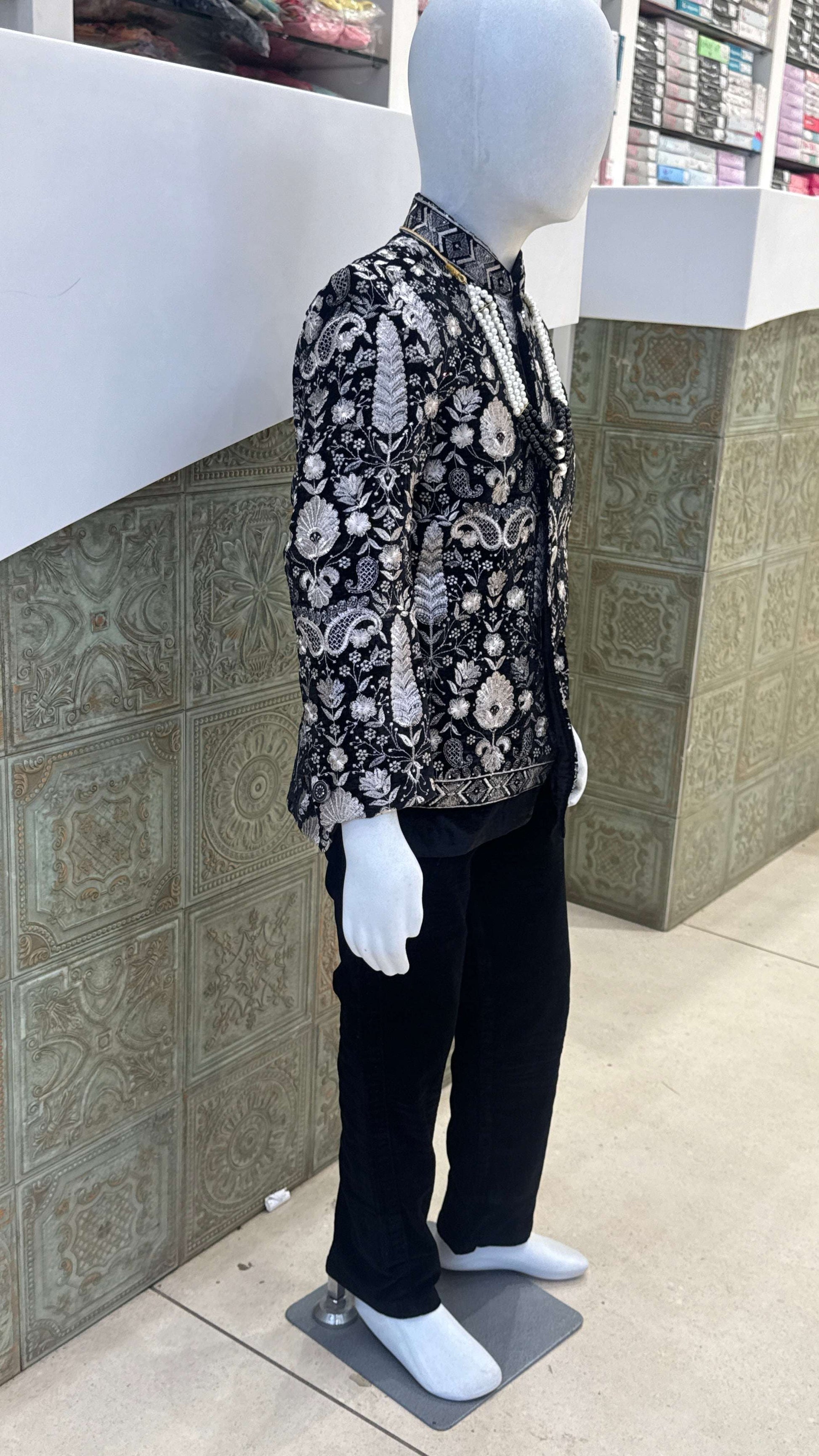 Black and Silver Embroidered Indo-Western Jacket with Pearls for Boys