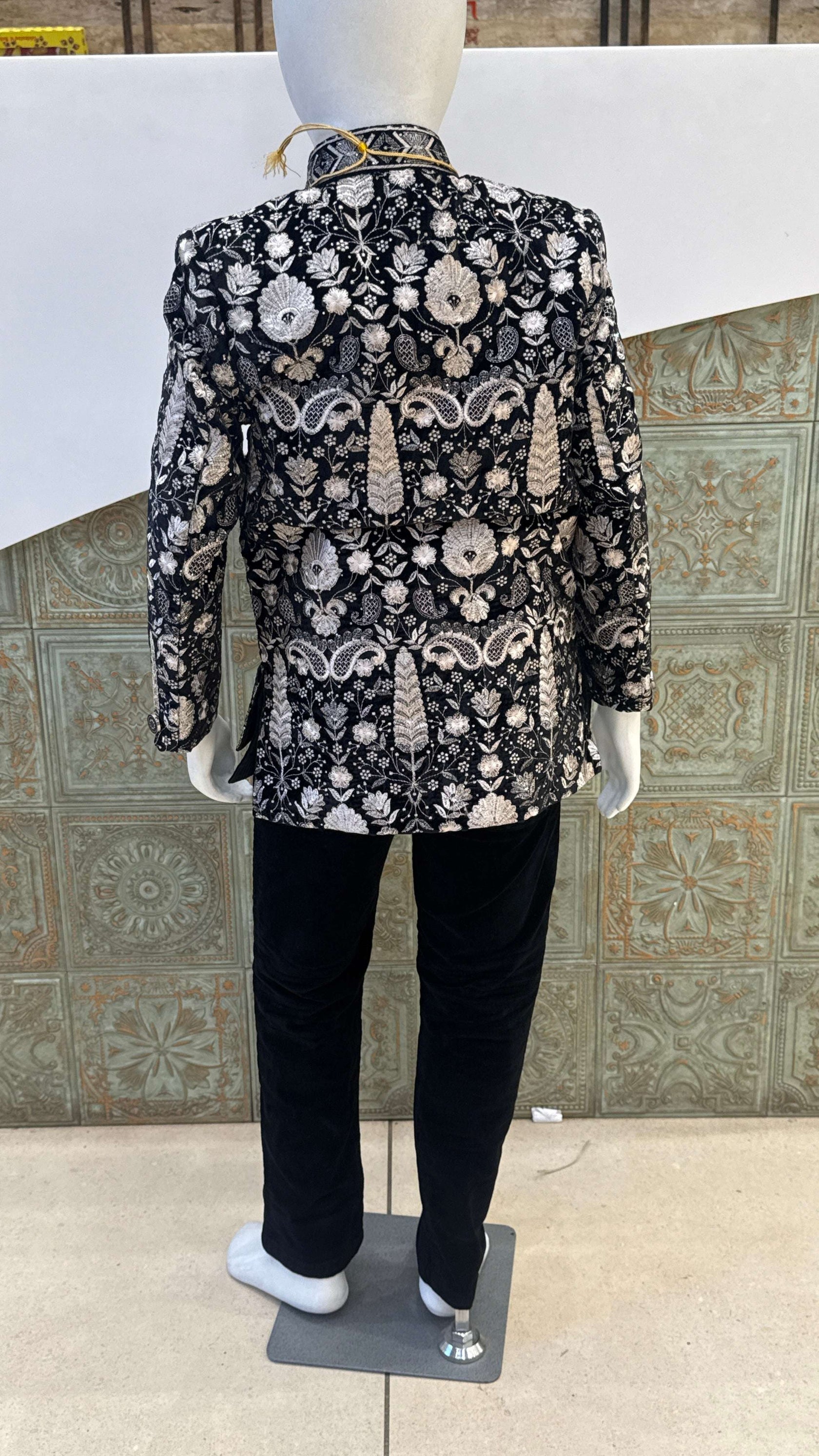Black and Silver Embroidered Indo-Western Jacket with Pearls for Boys