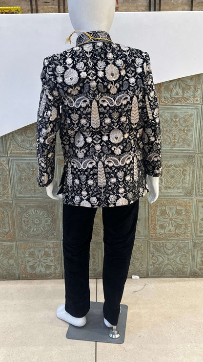 Black and Silver Embroidered Indo-Western Jacket with Pearls for Boys