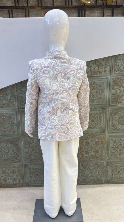White Embroidered Indo-Western Jacket with Pastel Details for Boys