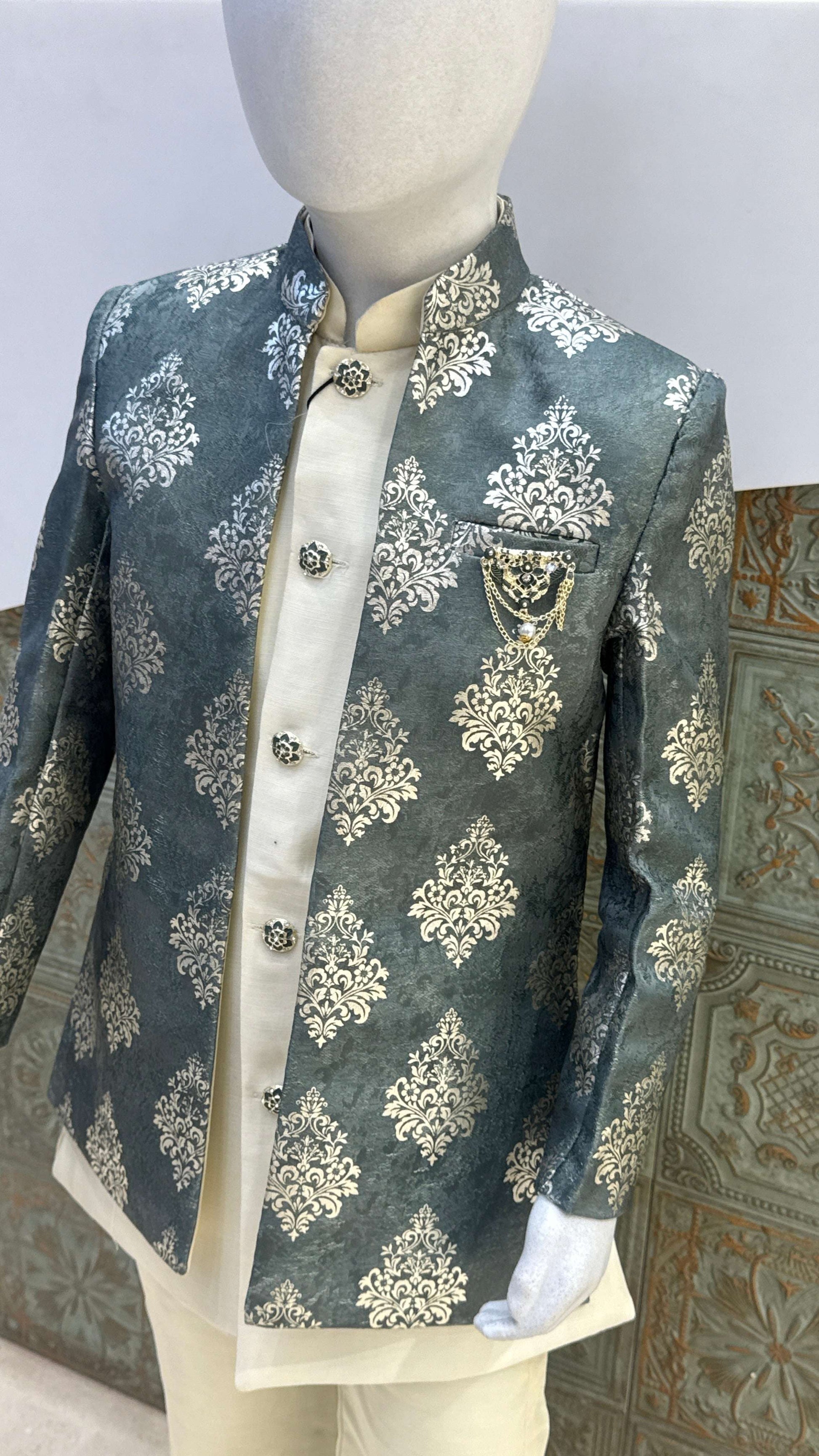 Grey and Silver Embroidered Indo-Western Jacket for Boys