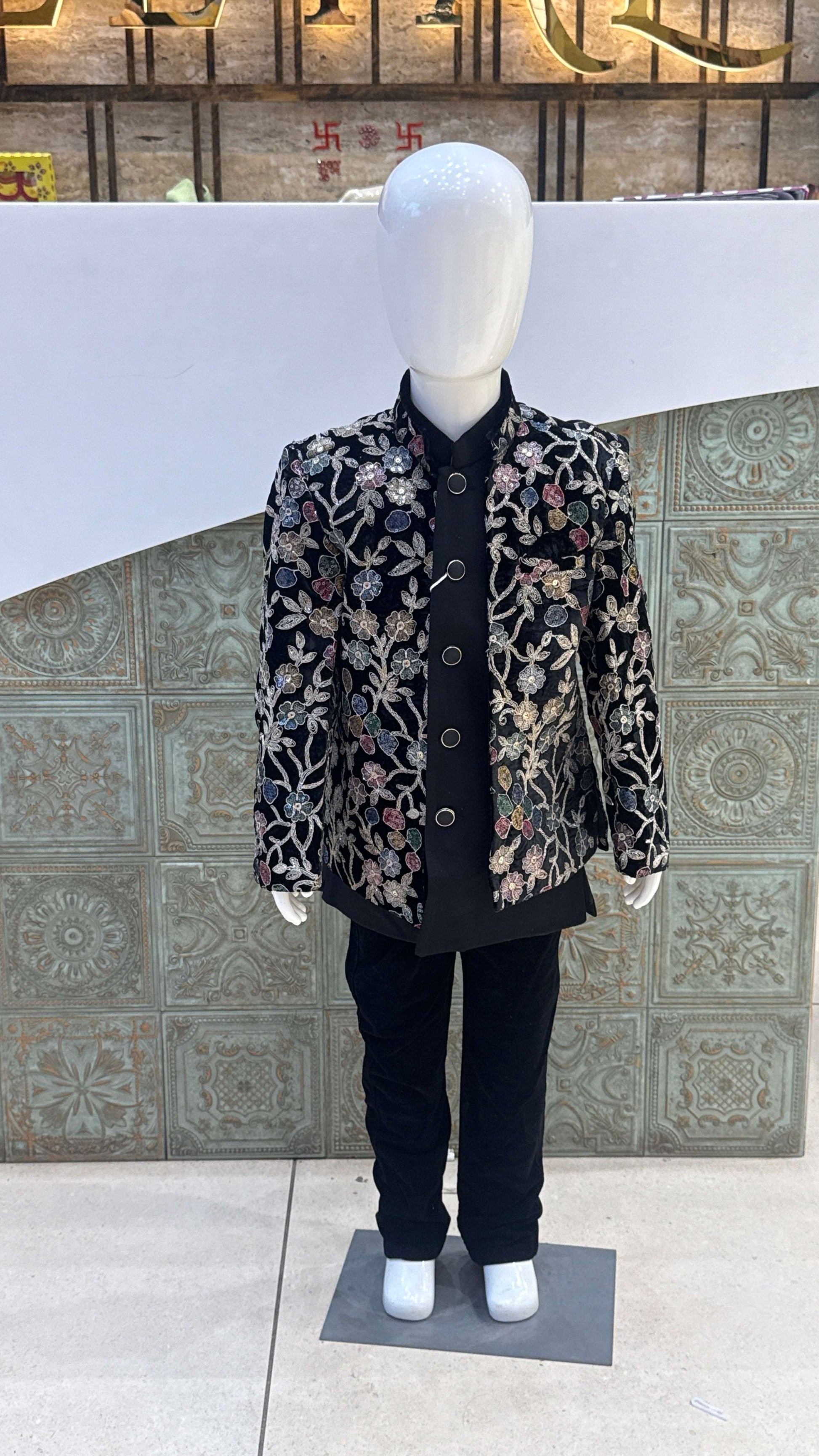 Black Embroidered Indo-Western Jacket with Floral Design for Boys