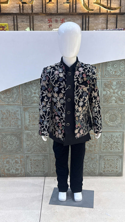 Black Embroidered Indo-Western Jacket with Floral Design for Boys
