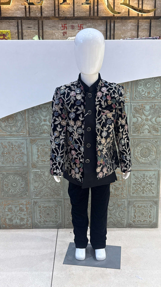 Black Embroidered Indo-Western Jacket with Floral Design for Boys