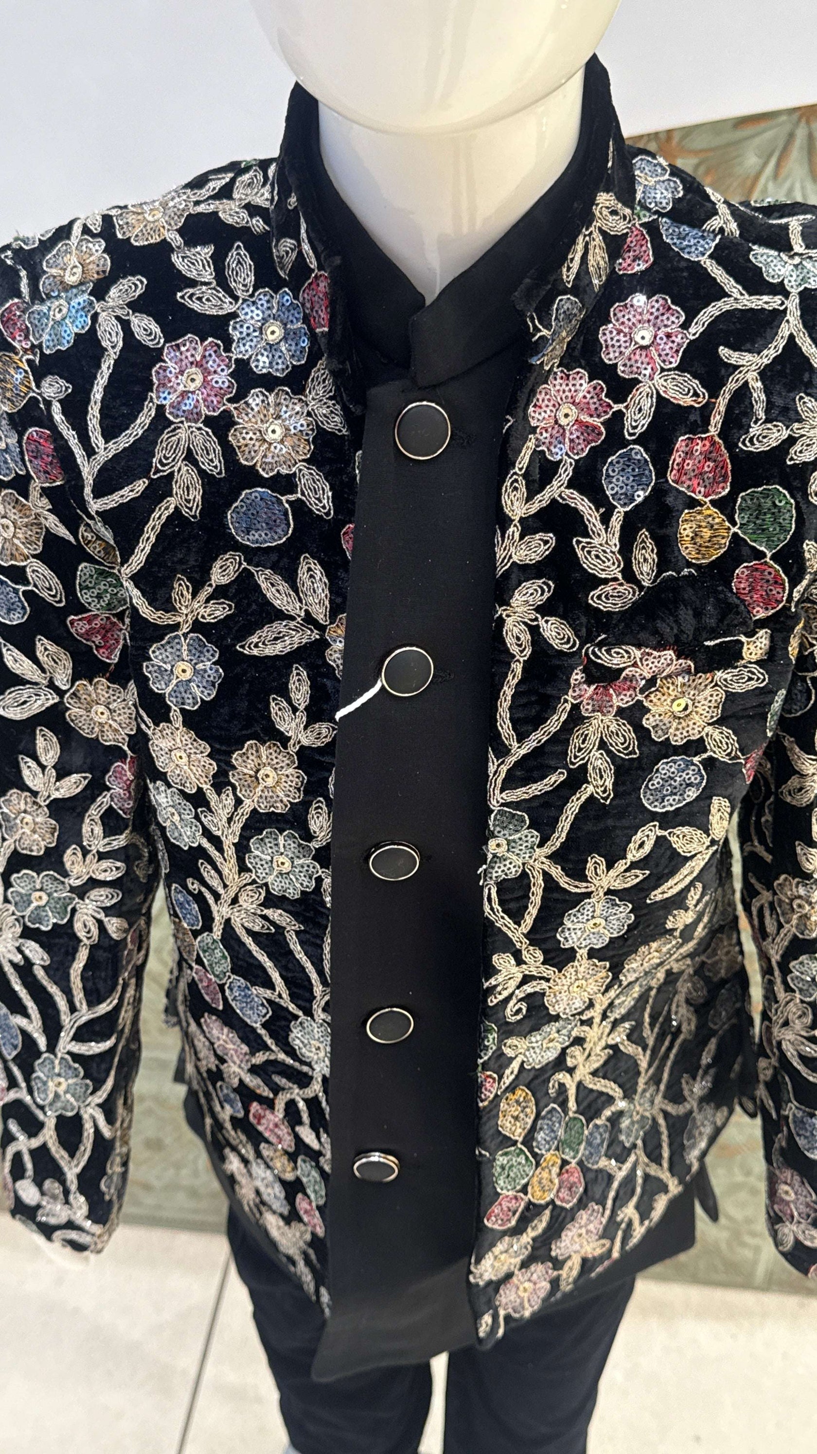 Black Embroidered Indo-Western Jacket with Floral Design for Boys