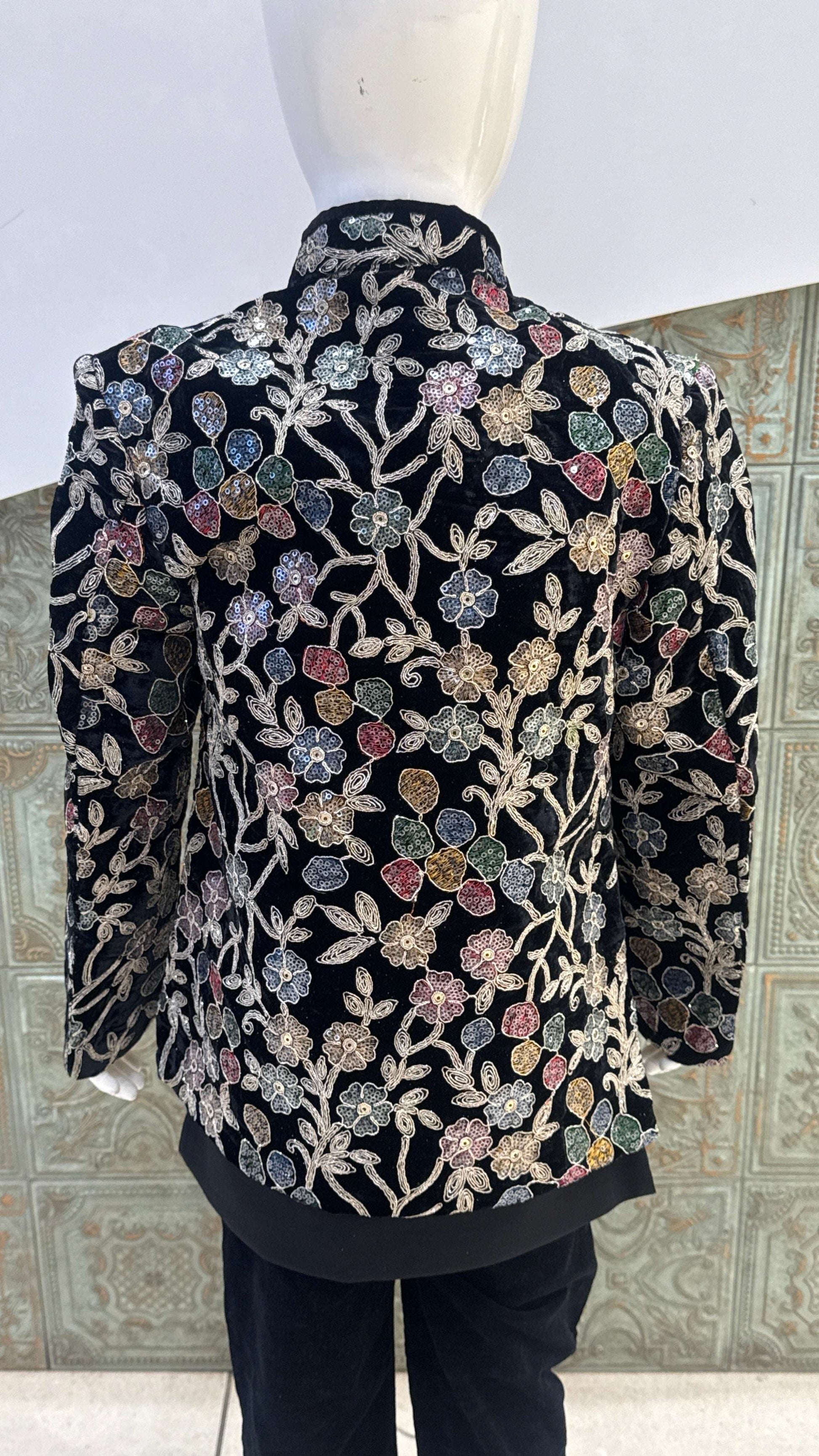 Black Embroidered Indo-Western Jacket with Floral Design for Boys