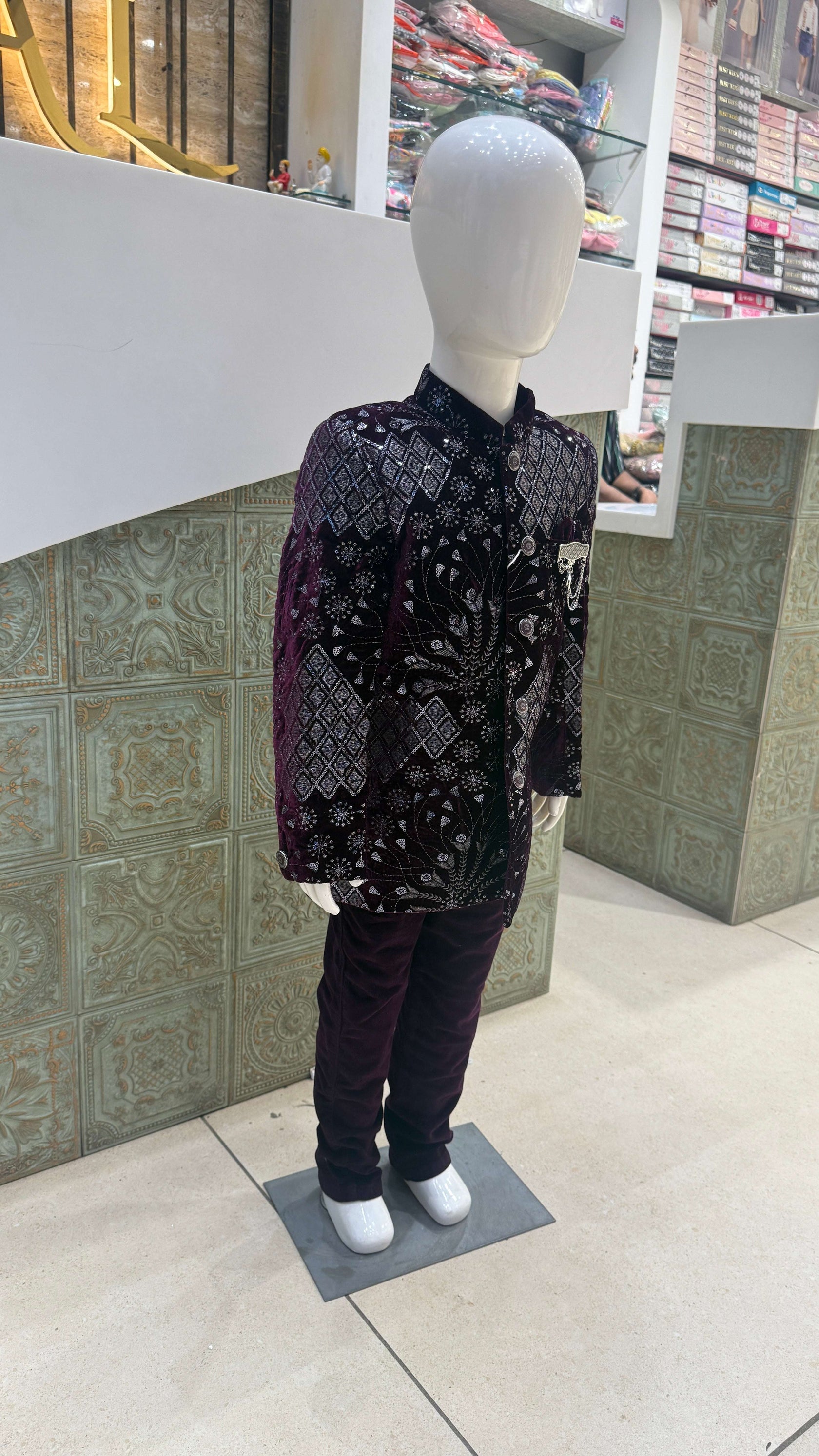 Purple and Silver Embroidered Indo-Western Jacket for Boys
