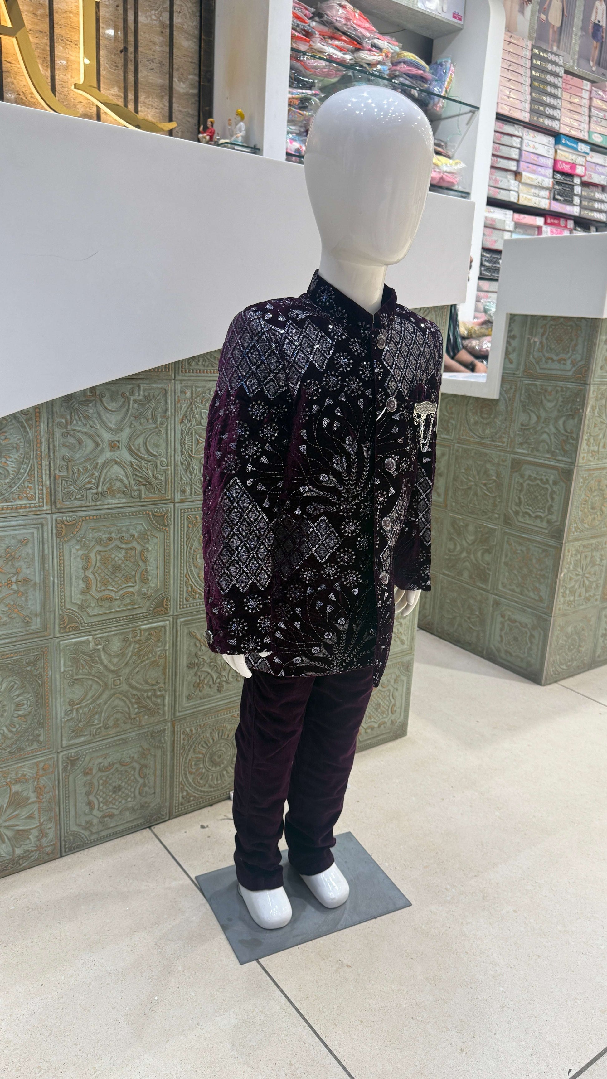 Purple and Silver Embroidered Indo-Western Jacket for Boys