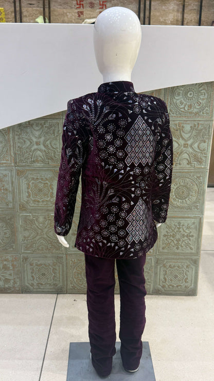 Purple and Silver Embroidered Indo-Western Jacket for Boys
