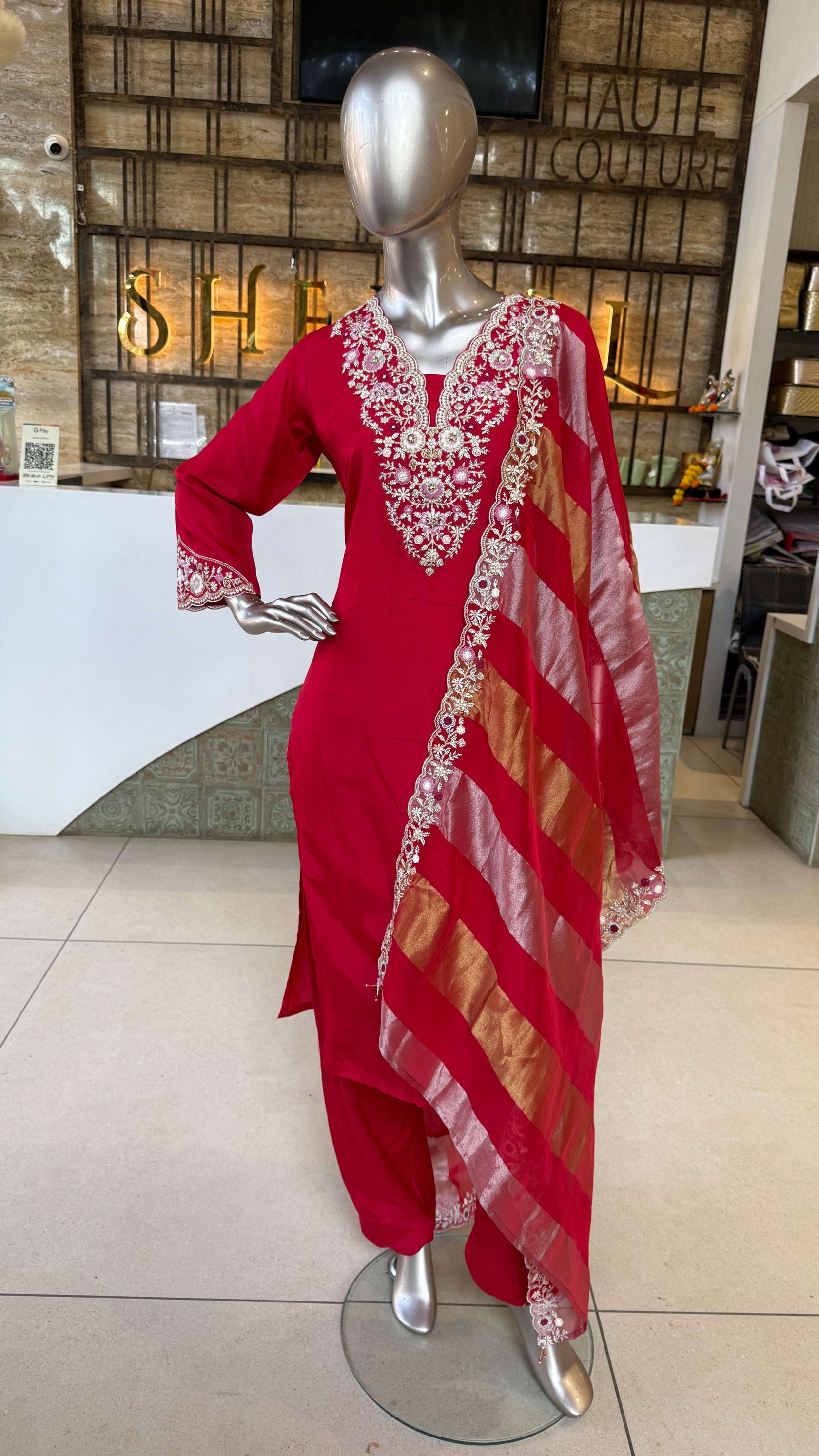 Red Embroidered Kurti Pant Dupatta Set for Women