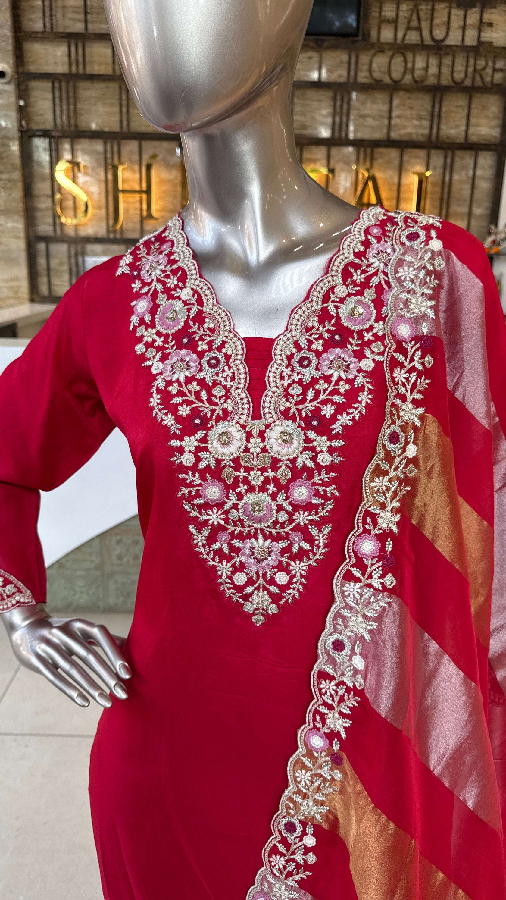 Red Embroidered Kurti Pant Dupatta Set for Women
