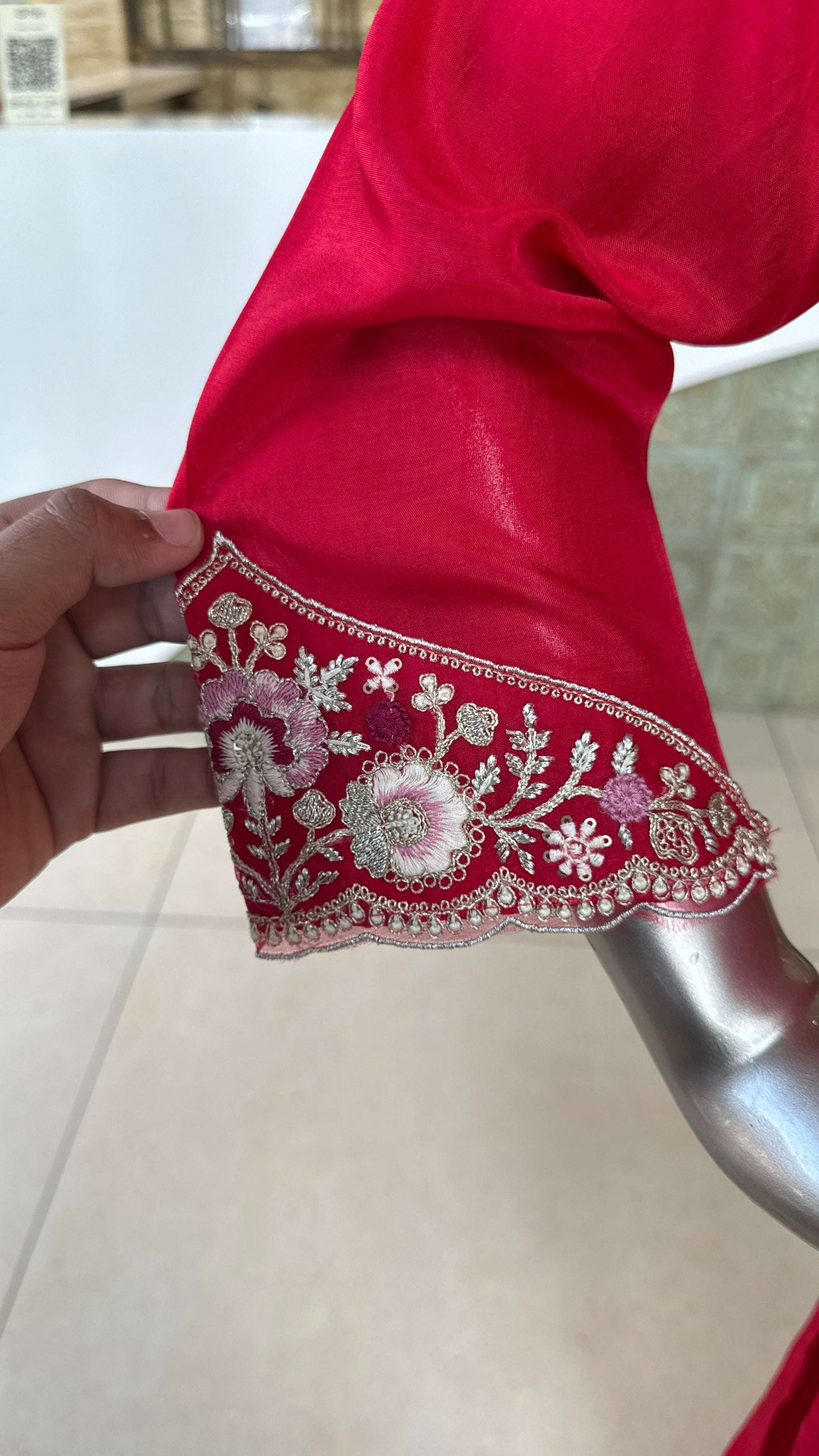 Red Embroidered Kurti Pant Dupatta Set for Women