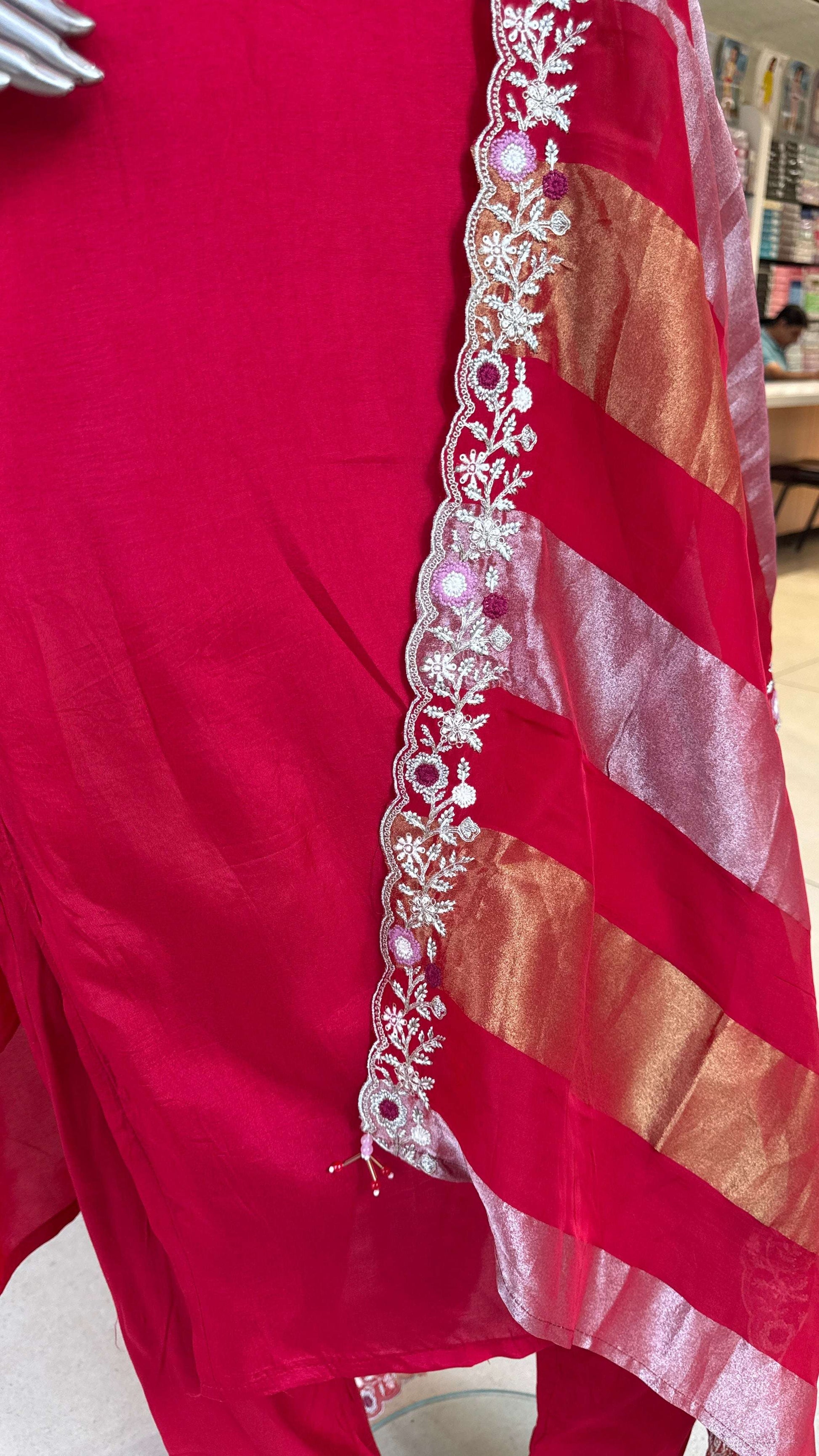 Red Embroidered Kurti Pant Dupatta Set for Women