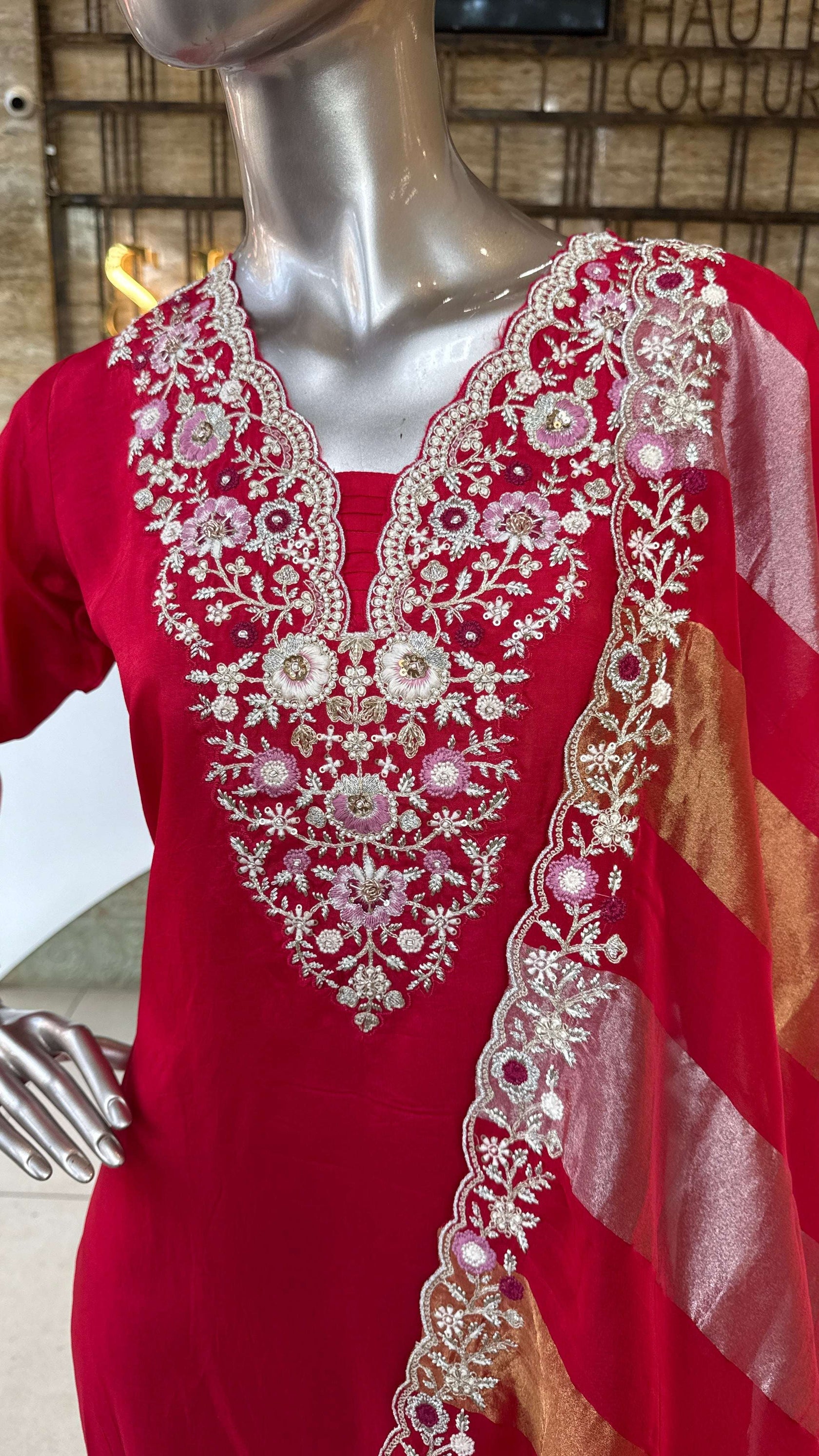 Red Embroidered Kurti Pant Dupatta Set for Women