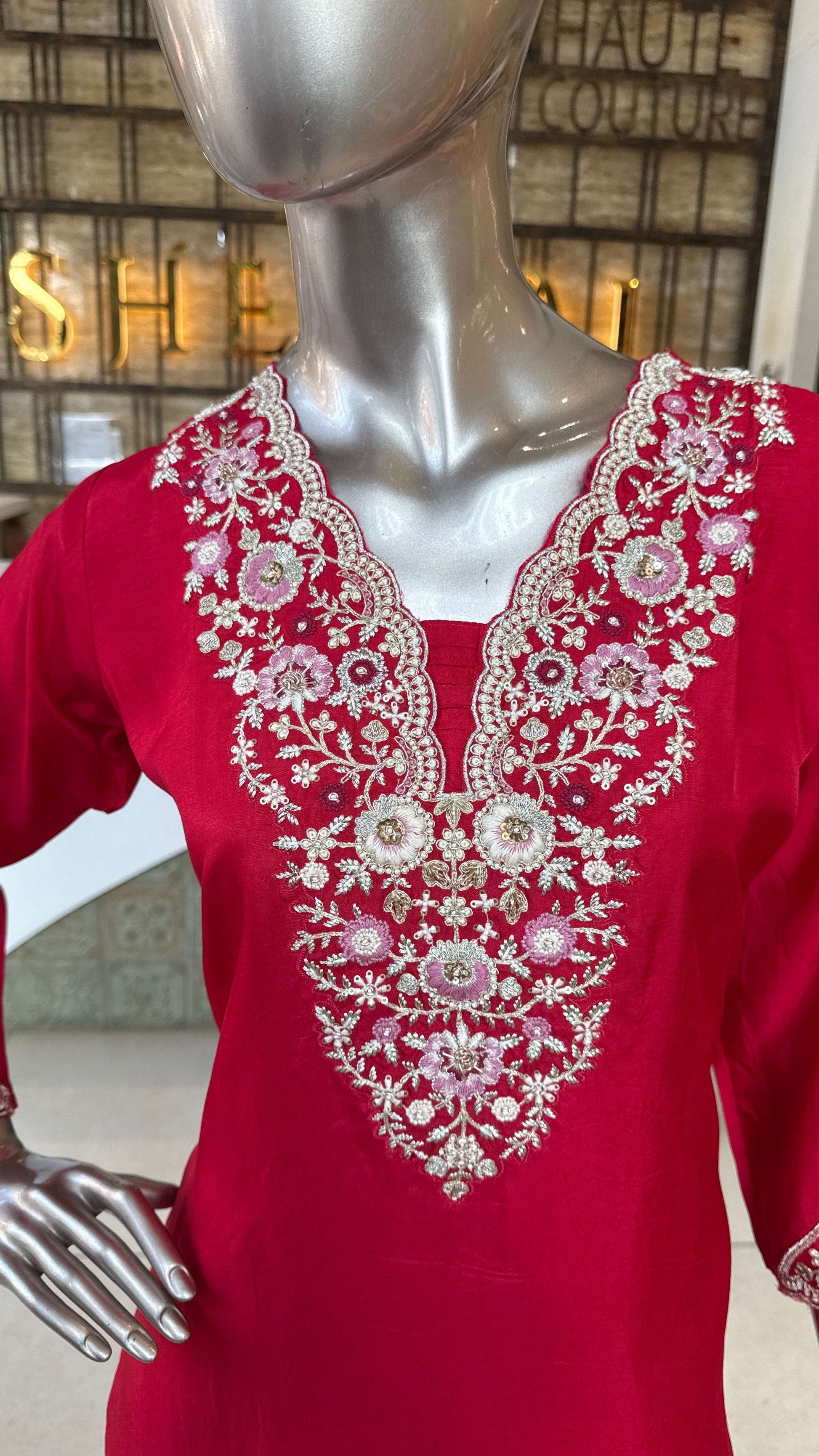 Red Embroidered Kurti Pant Dupatta Set for Women