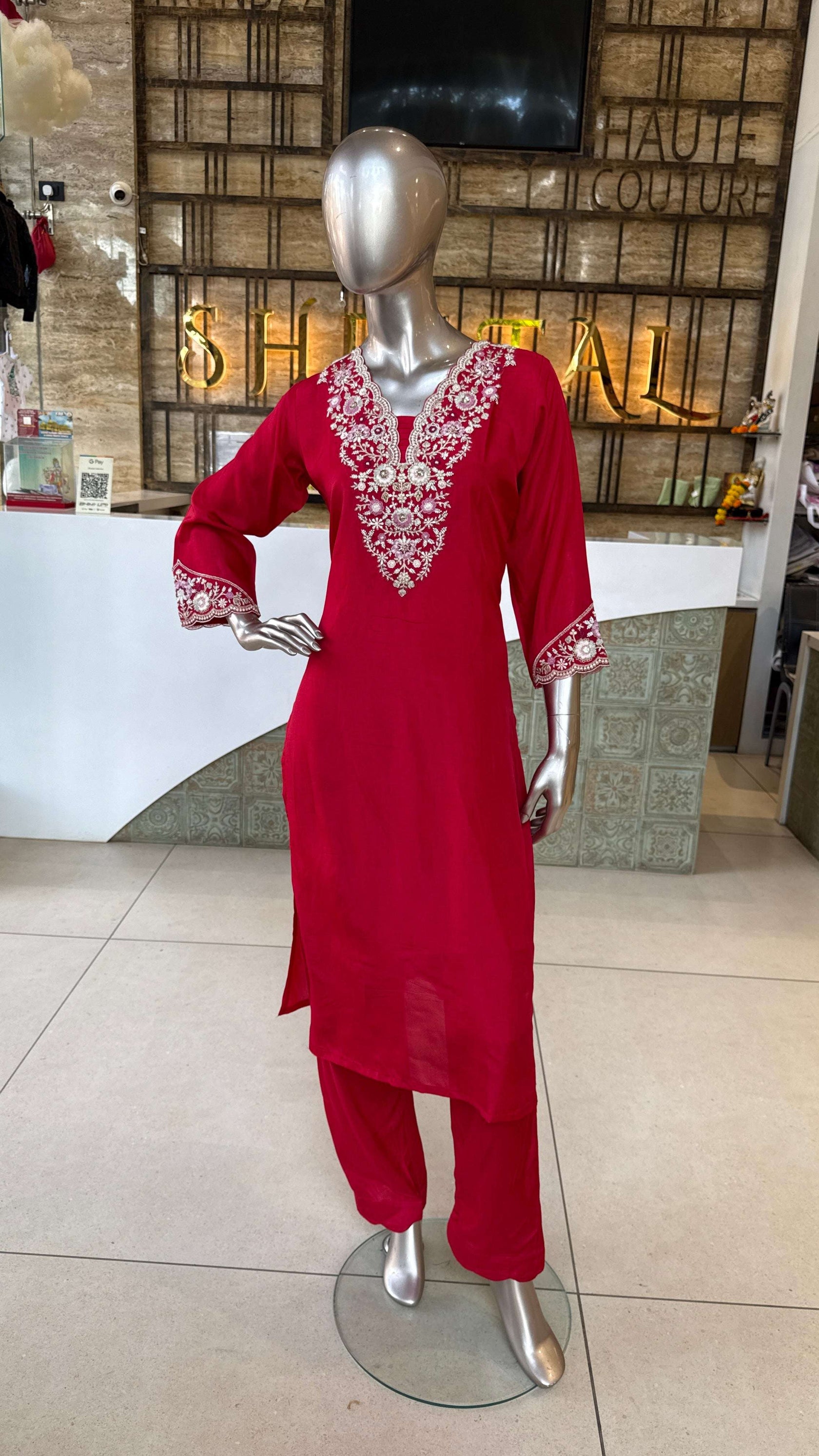 Red Embroidered Kurti Pant Dupatta Set for Women