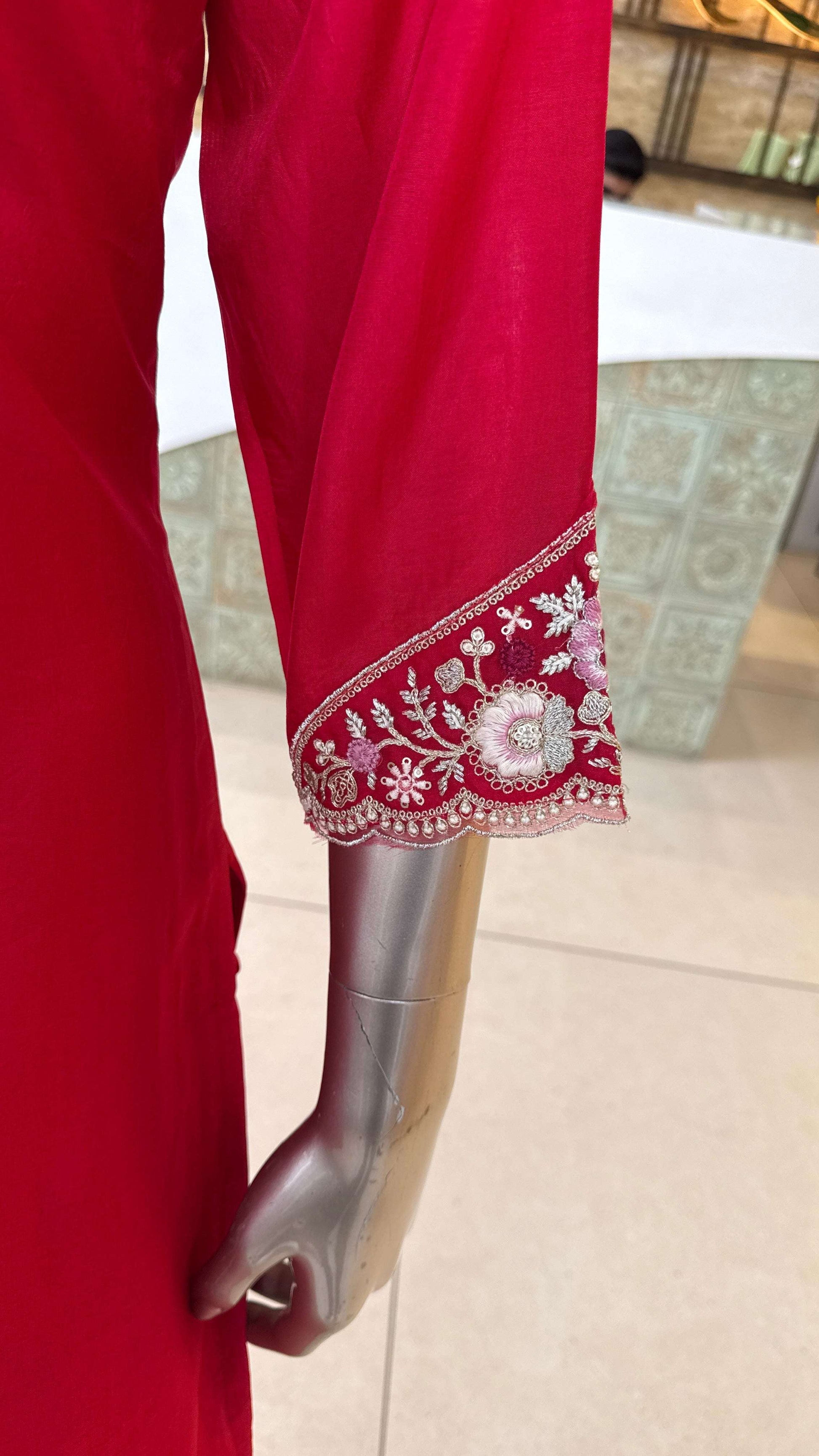 Red Embroidered Kurti Pant Dupatta Set for Women