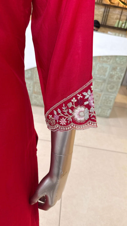 Red Embroidered Kurti Pant Dupatta Set for Women