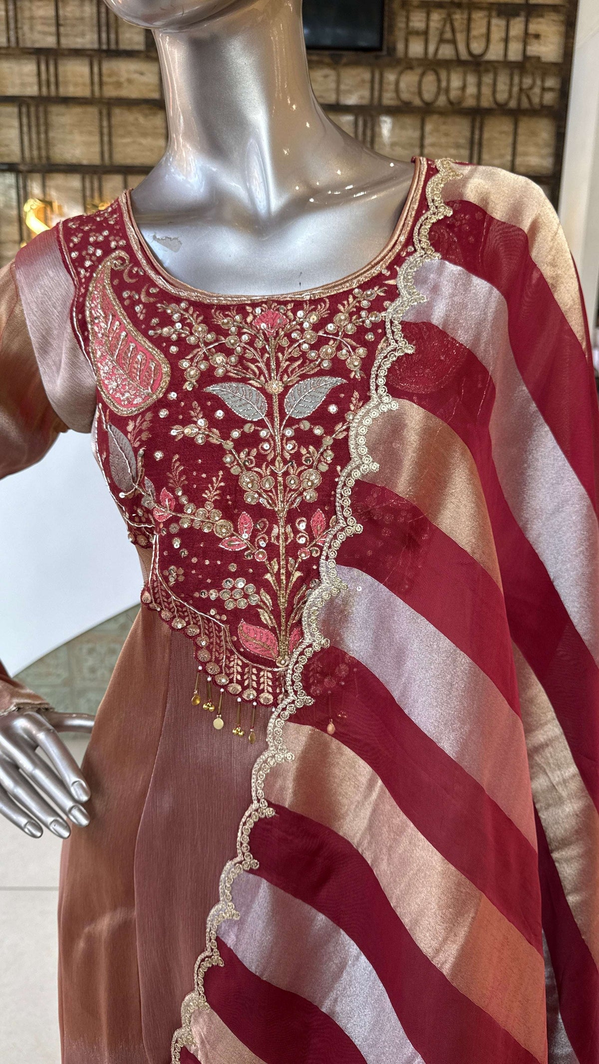 Maroon Striped Anarkali Kurti Pant Dupatta Set for Women