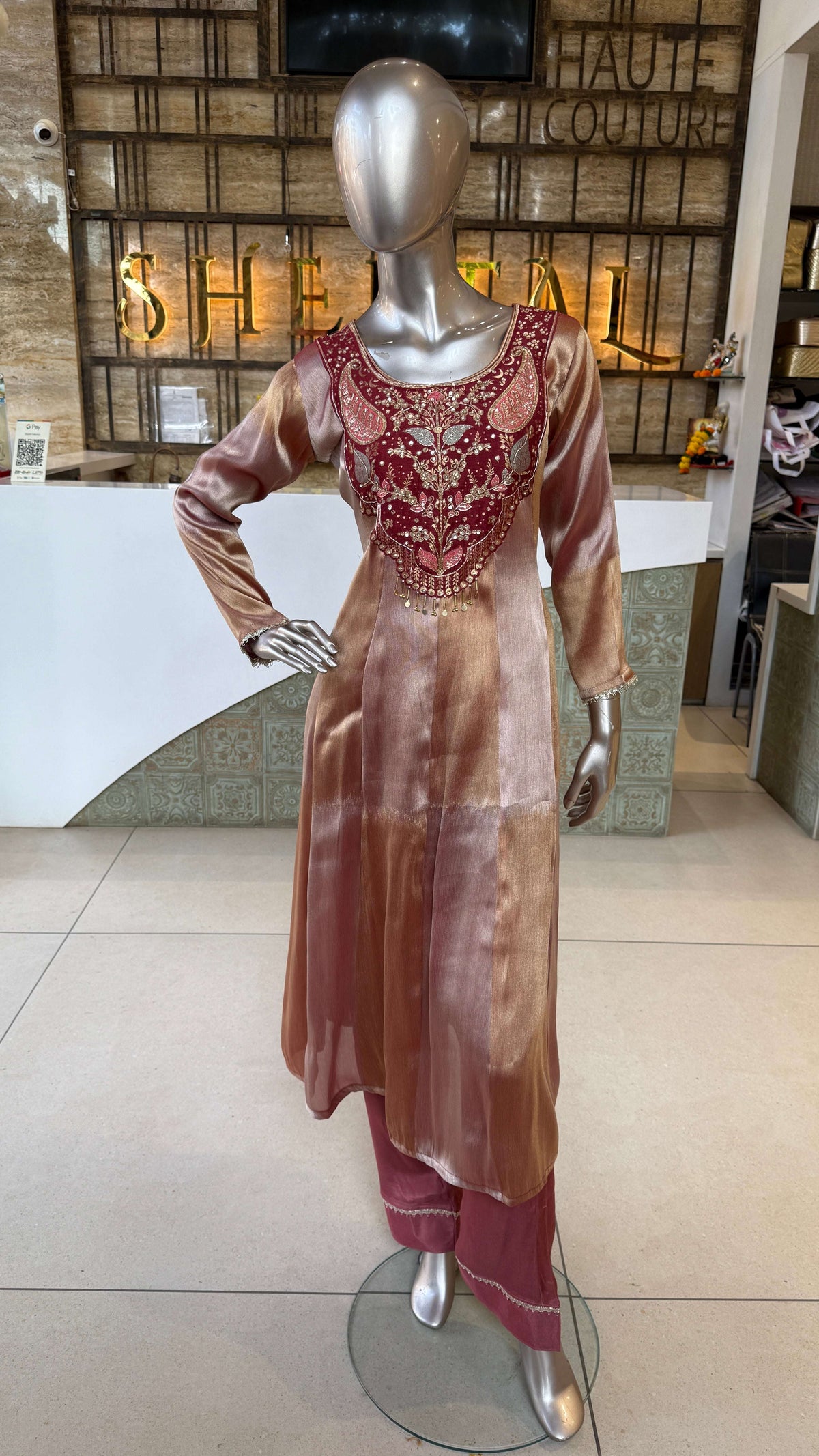 Maroon Striped Anarkali Kurti Pant Dupatta Set for Women