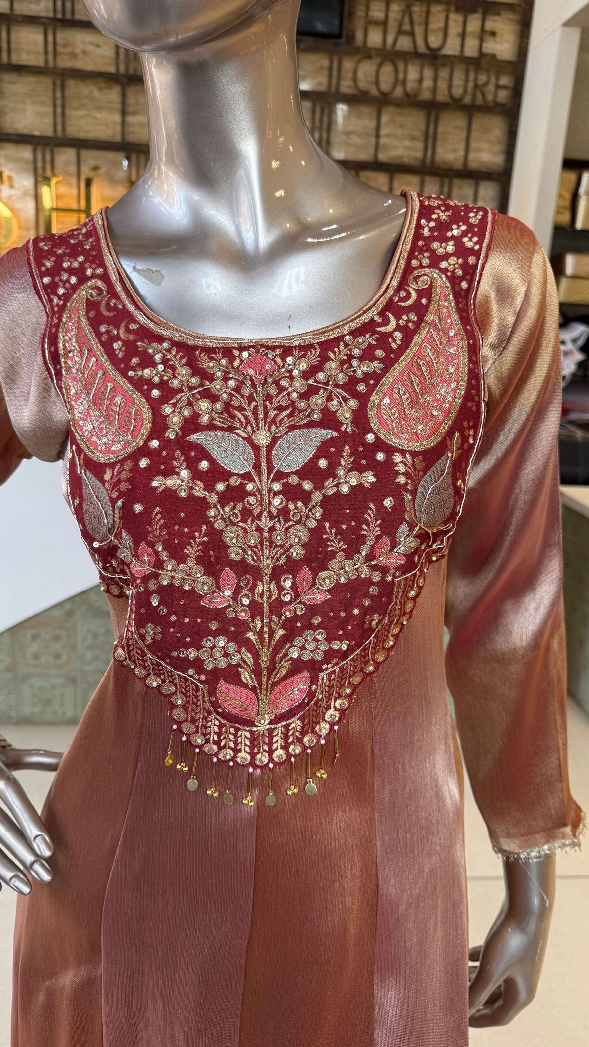 Maroon Striped Anarkali Kurti Pant Dupatta Set for Women