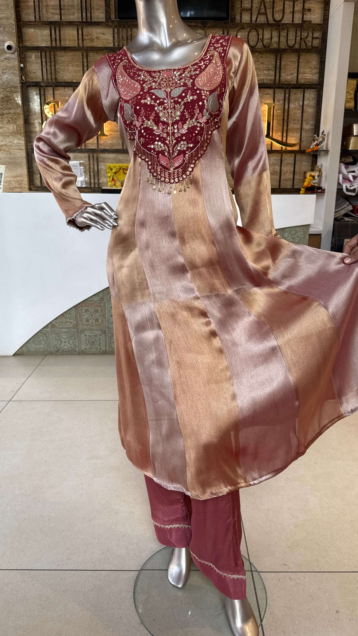 Maroon Striped Anarkali Kurti Pant Dupatta Set for Women