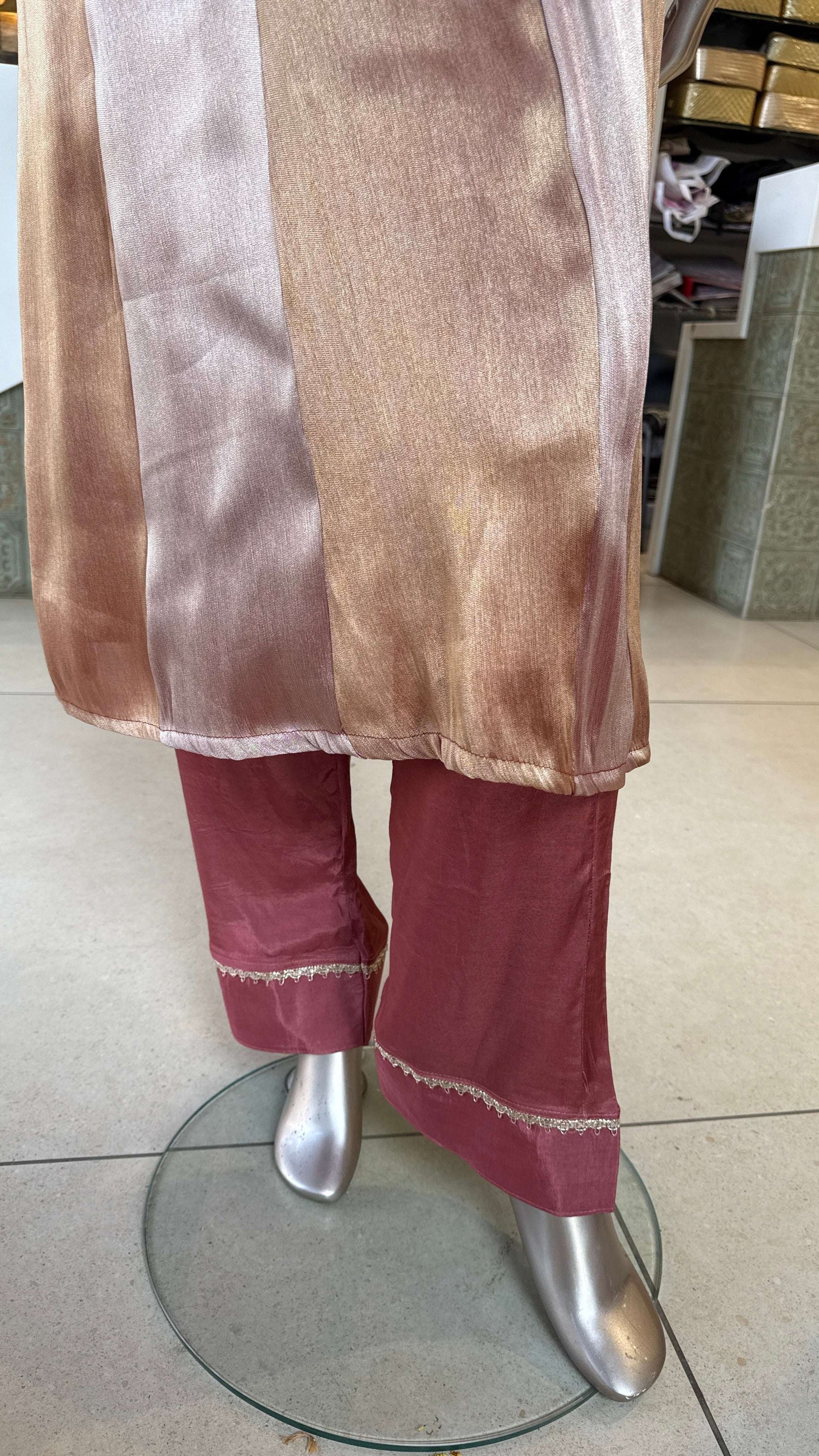 Maroon Striped Anarkali Kurti Pant Dupatta Set for Women