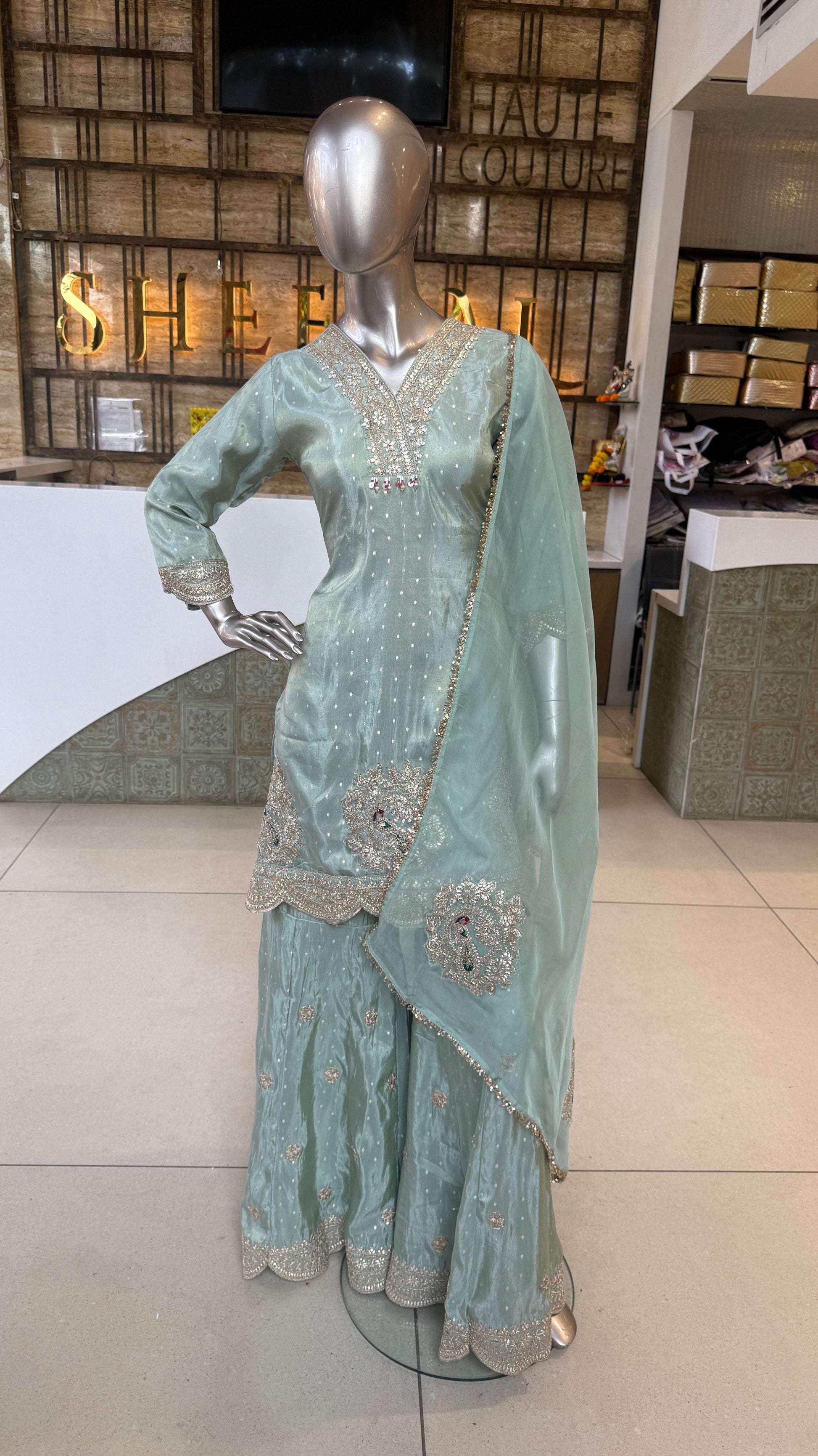 Mint Green Embroidered Sharara Set for Women
