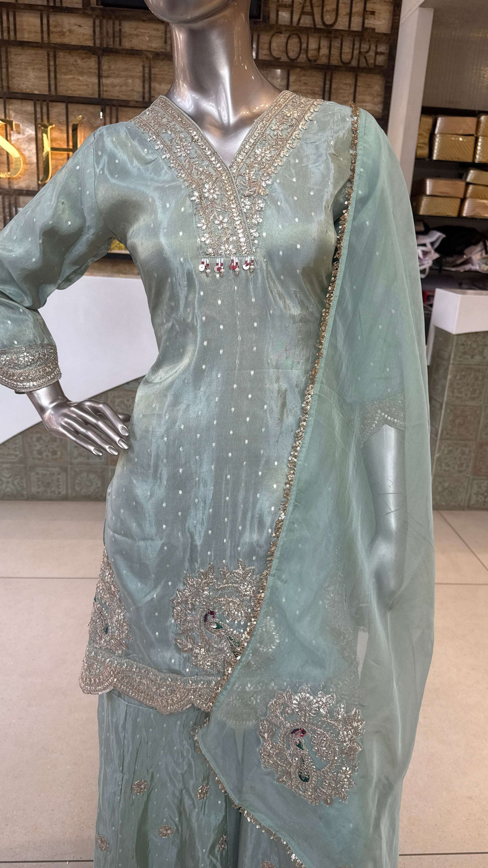 Mint Green Embroidered Sharara Set for Women